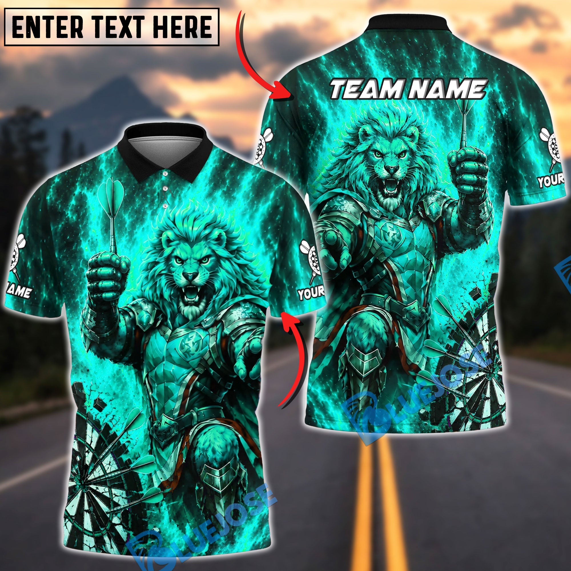 BlueJose Darts Fiery Lion Warrior Personalized Name, Team Name Unisex Shirt (4 Colors)