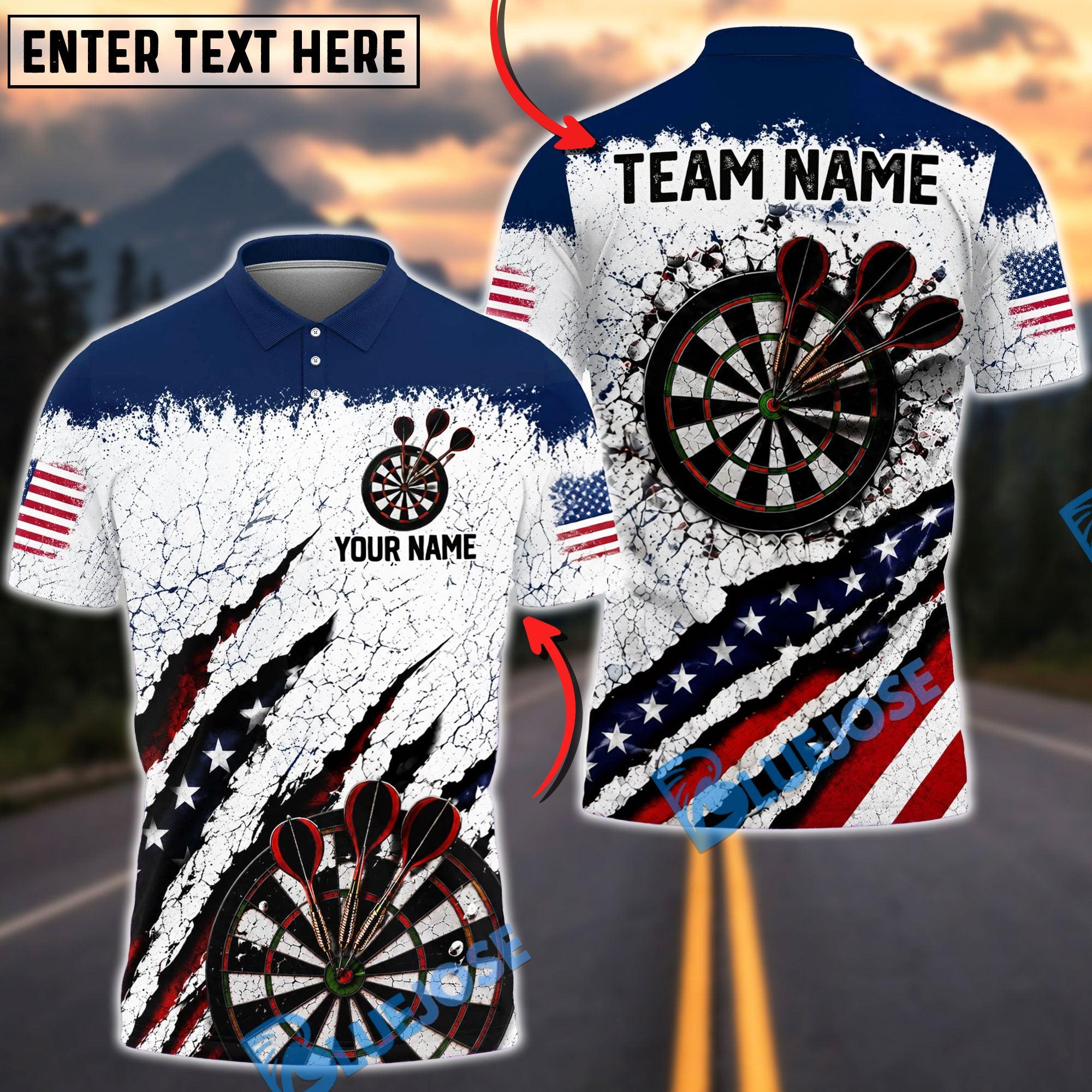 BlueJose Darts USA Patriotic Target Burst Personalized Name, Team Name Unisex Shirt (6 Colors)