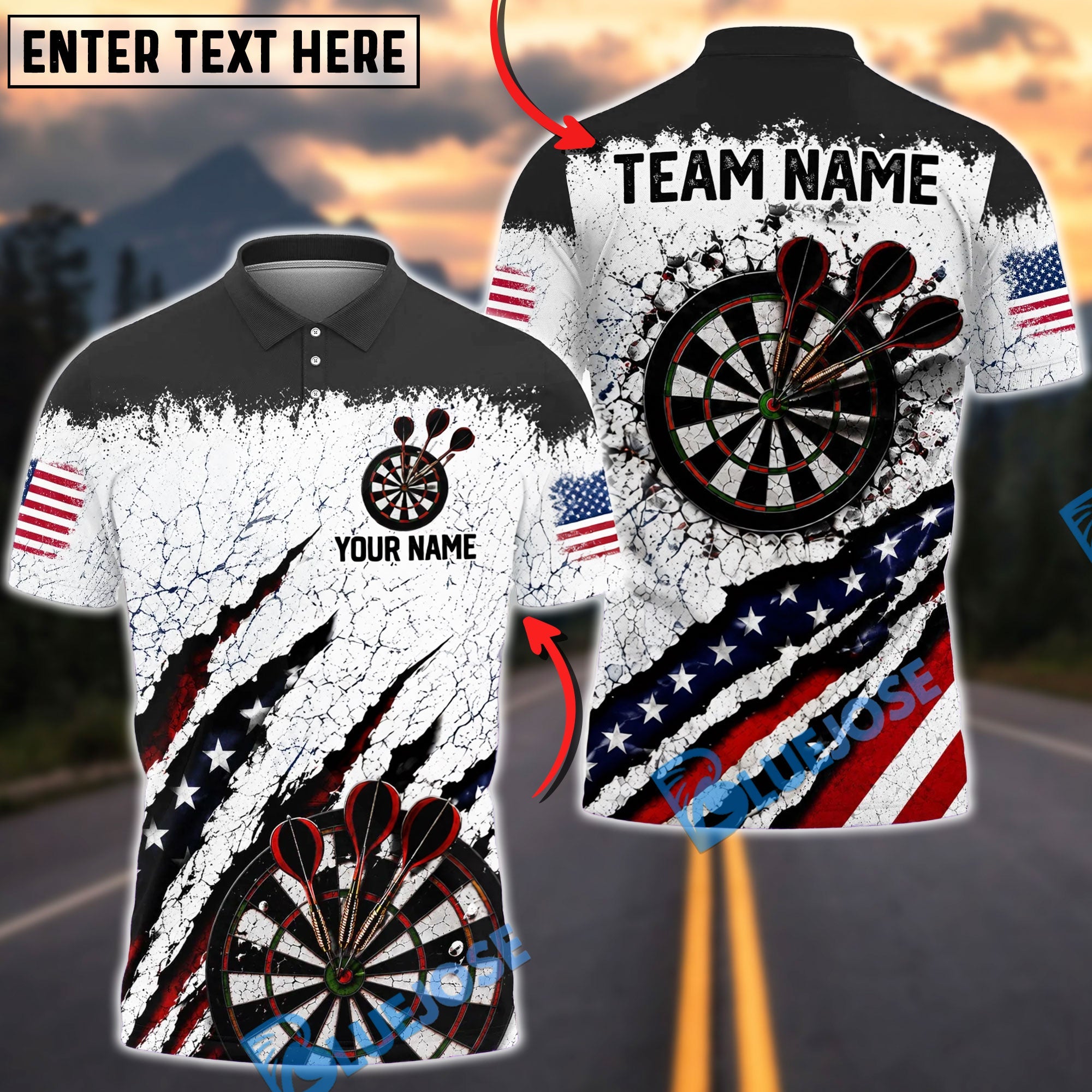BlueJose Darts USA Patriotic Target Burst Personalized Name, Team Name Unisex Shirt (6 Colors)