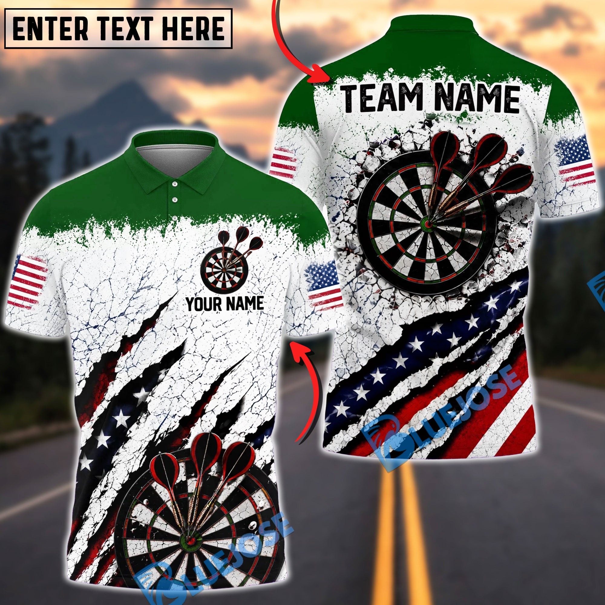 BlueJose Darts USA Patriotic Target Burst Personalized Name, Team Name Unisex Shirt (6 Colors)
