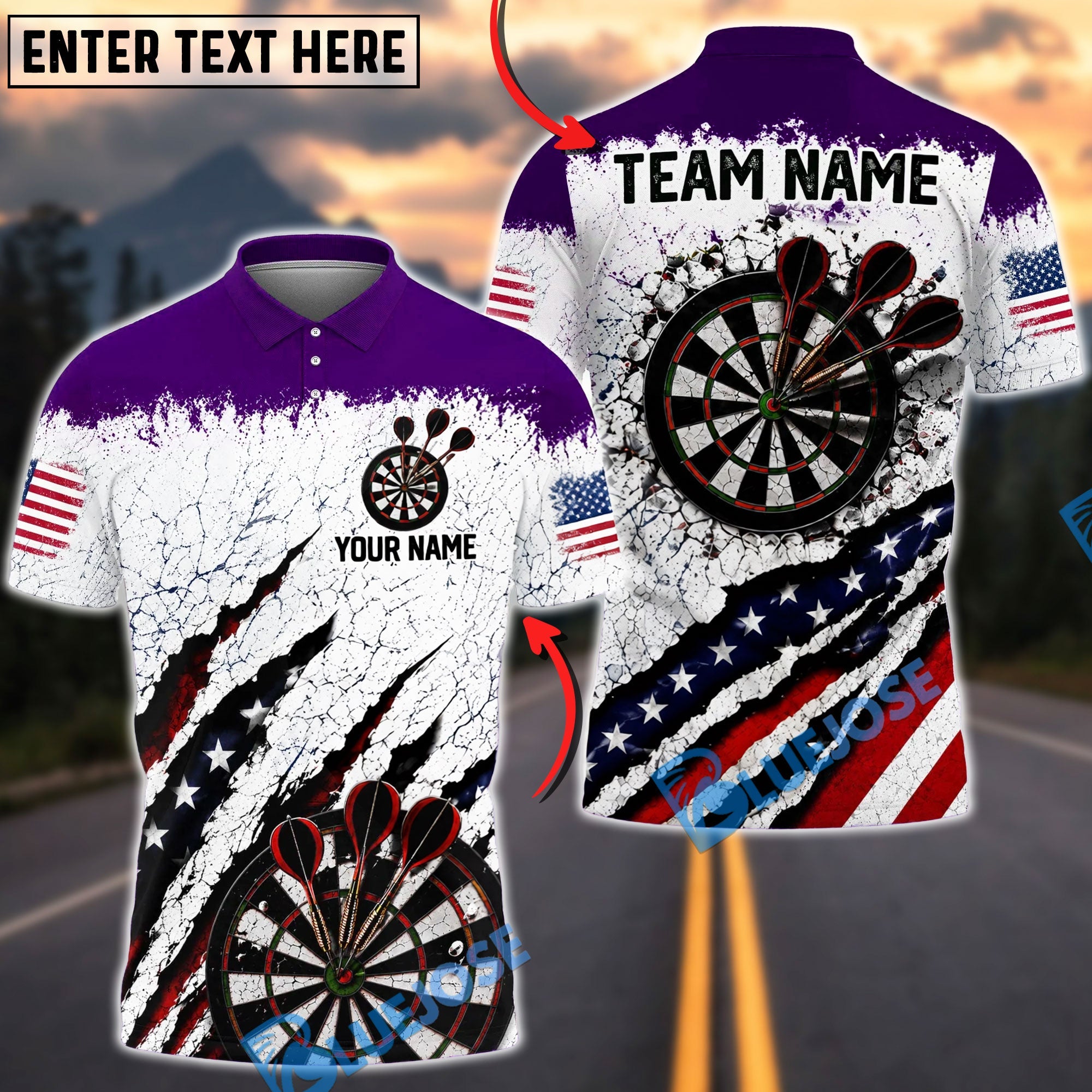 BlueJose Darts USA Patriotic Target Burst Personalized Name, Team Name Unisex Shirt (6 Colors)
