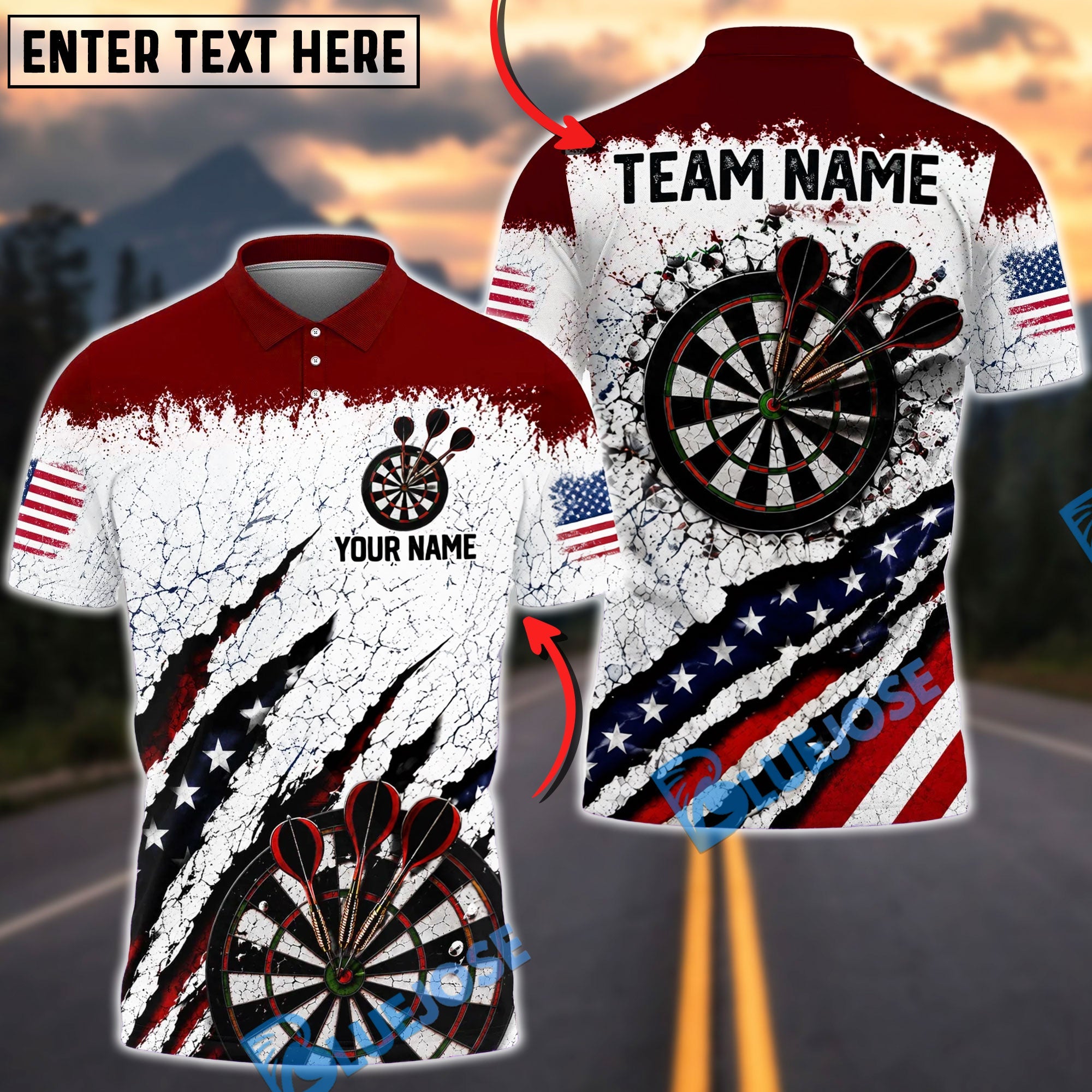 BlueJose Darts USA Patriotic Target Burst Personalized Name, Team Name Unisex Shirt (6 Colors)
