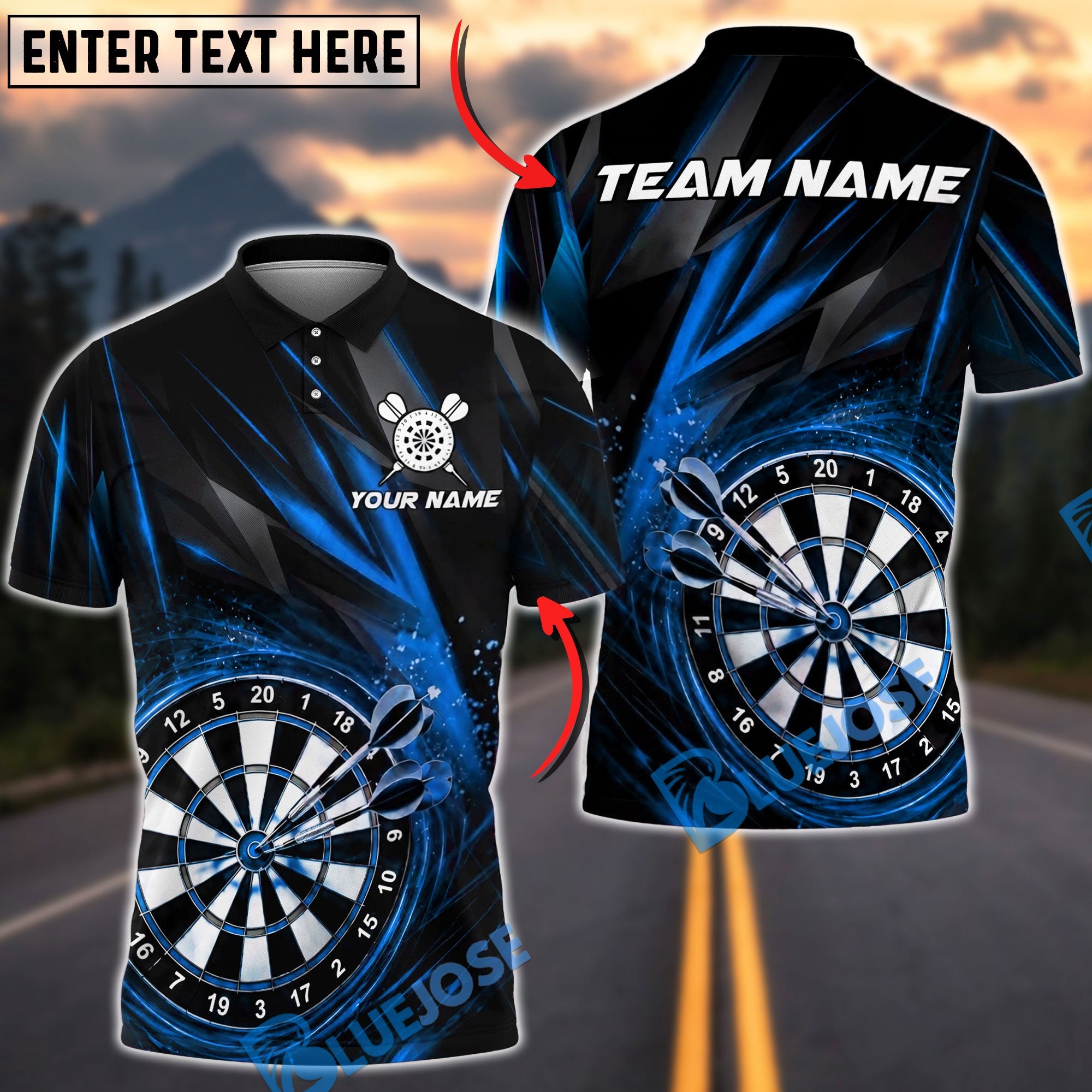 BlueJose Darts Dynamic Energy Burst Personalized Name, Team Name Unisex Shirt (4 Colors)