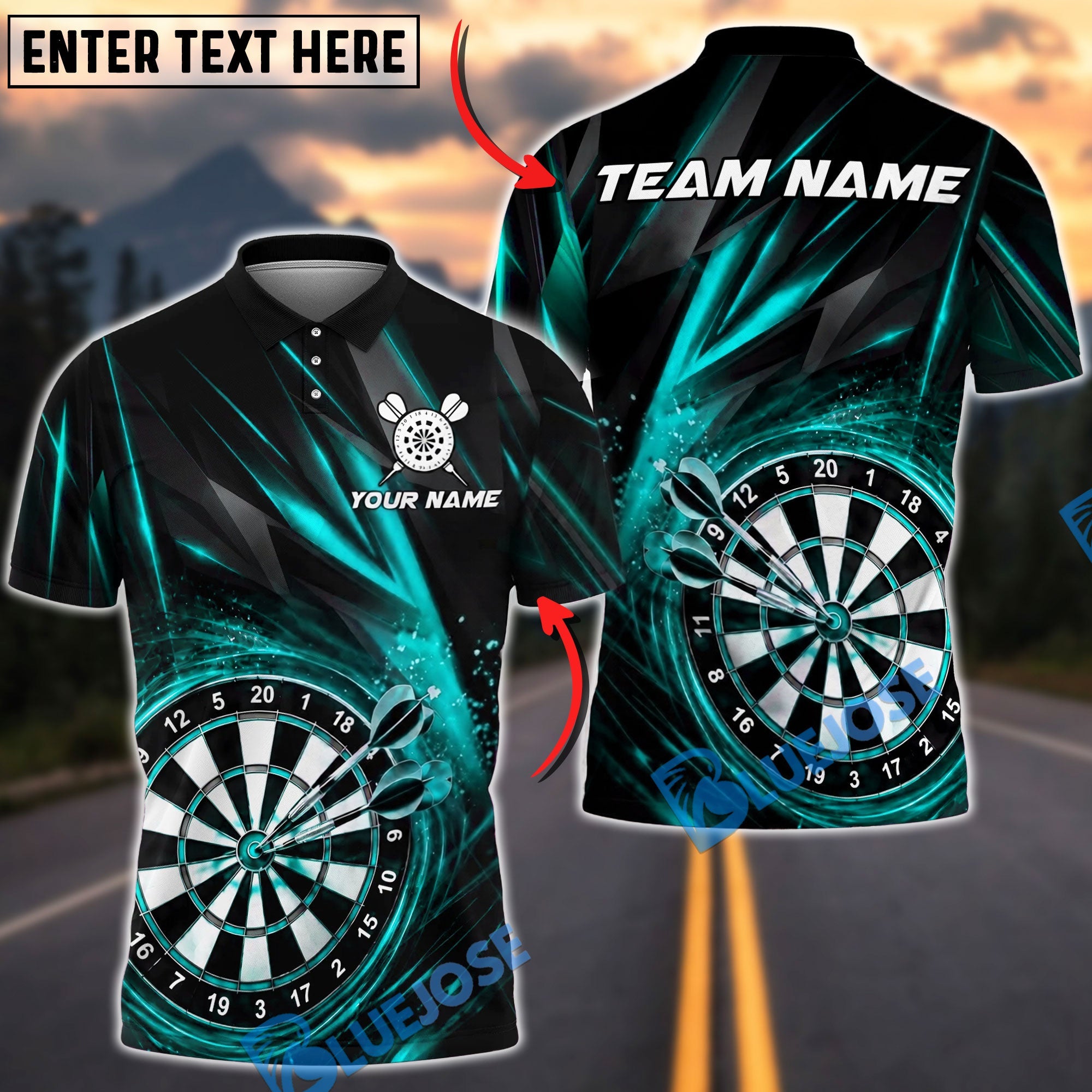 BlueJose Darts Dynamic Energy Burst Personalized Name, Team Name Unisex Shirt (4 Colors)