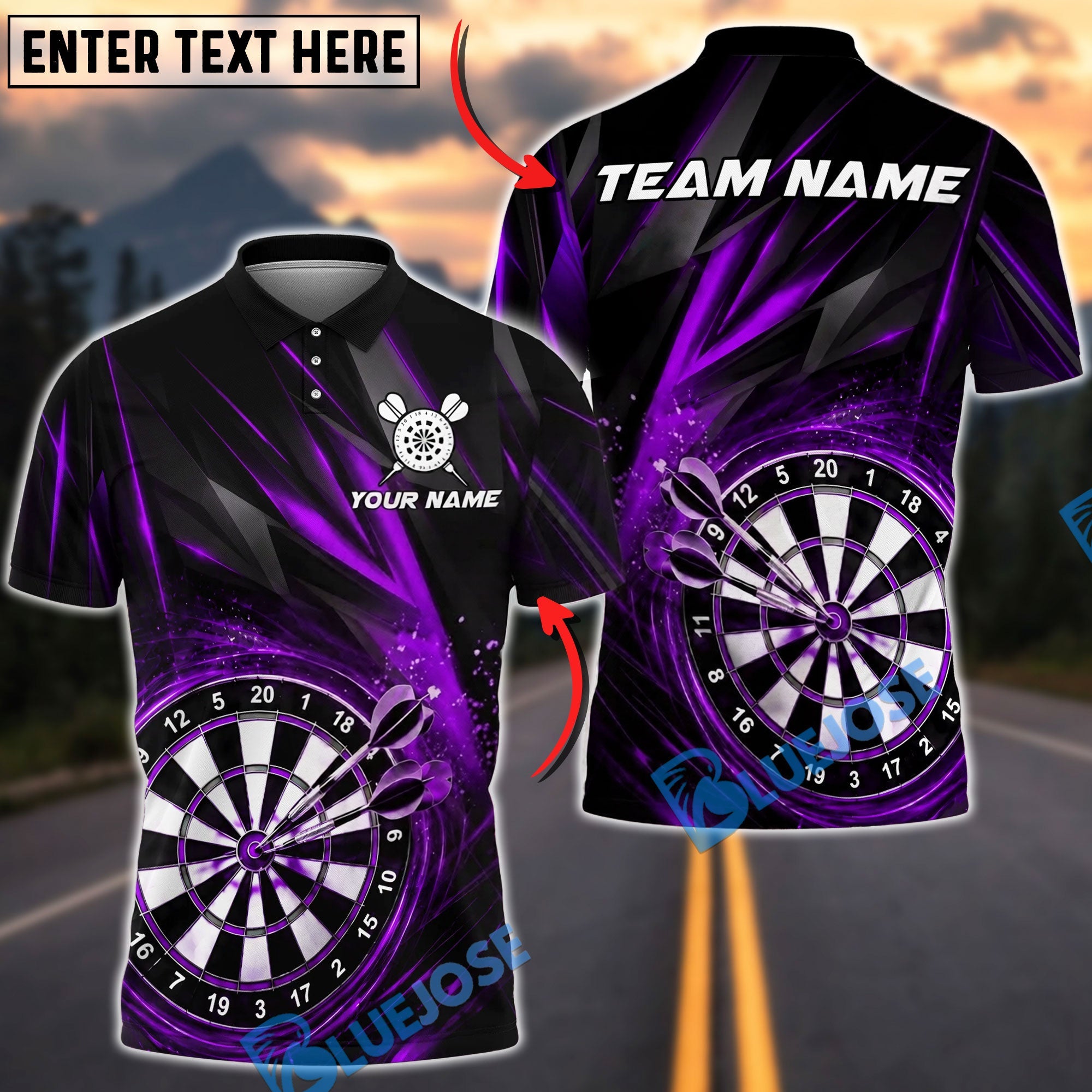 BlueJose Darts Dynamic Energy Burst Personalized Name, Team Name Unisex Shirt (4 Colors)