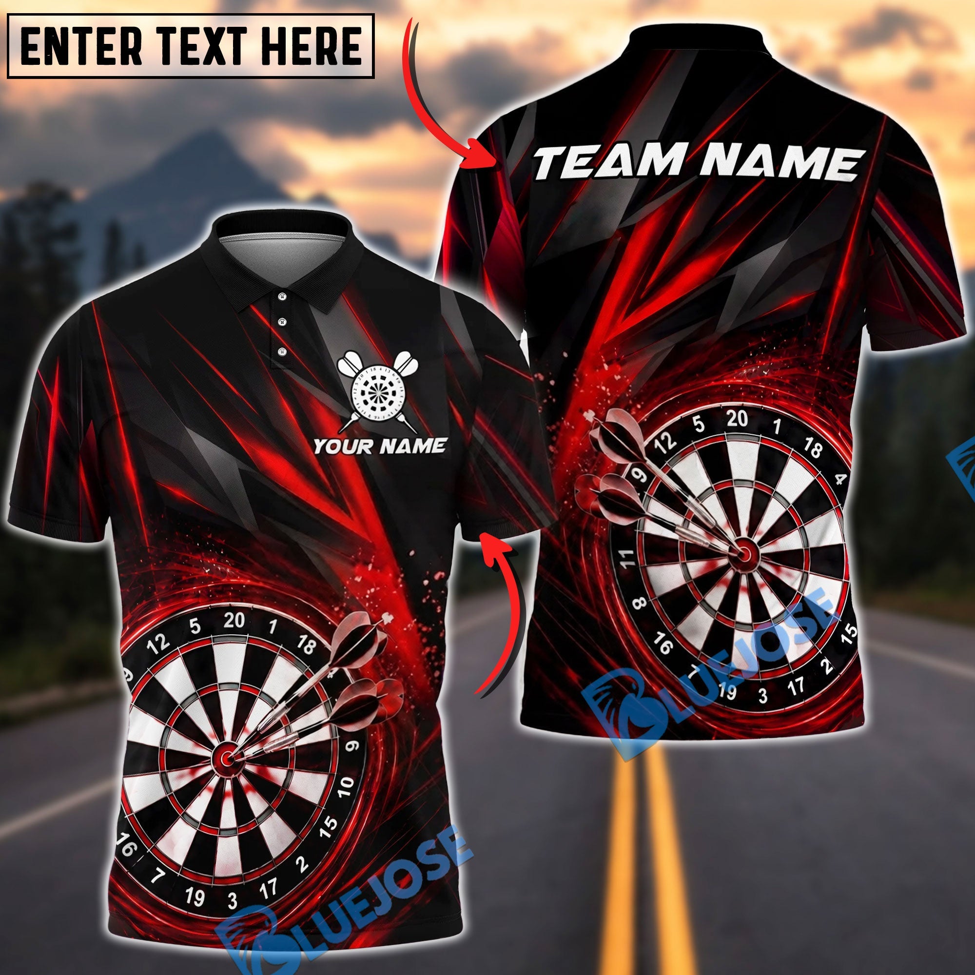 BlueJose Darts Dynamic Energy Burst Personalized Name, Team Name Unisex Shirt (4 Colors)