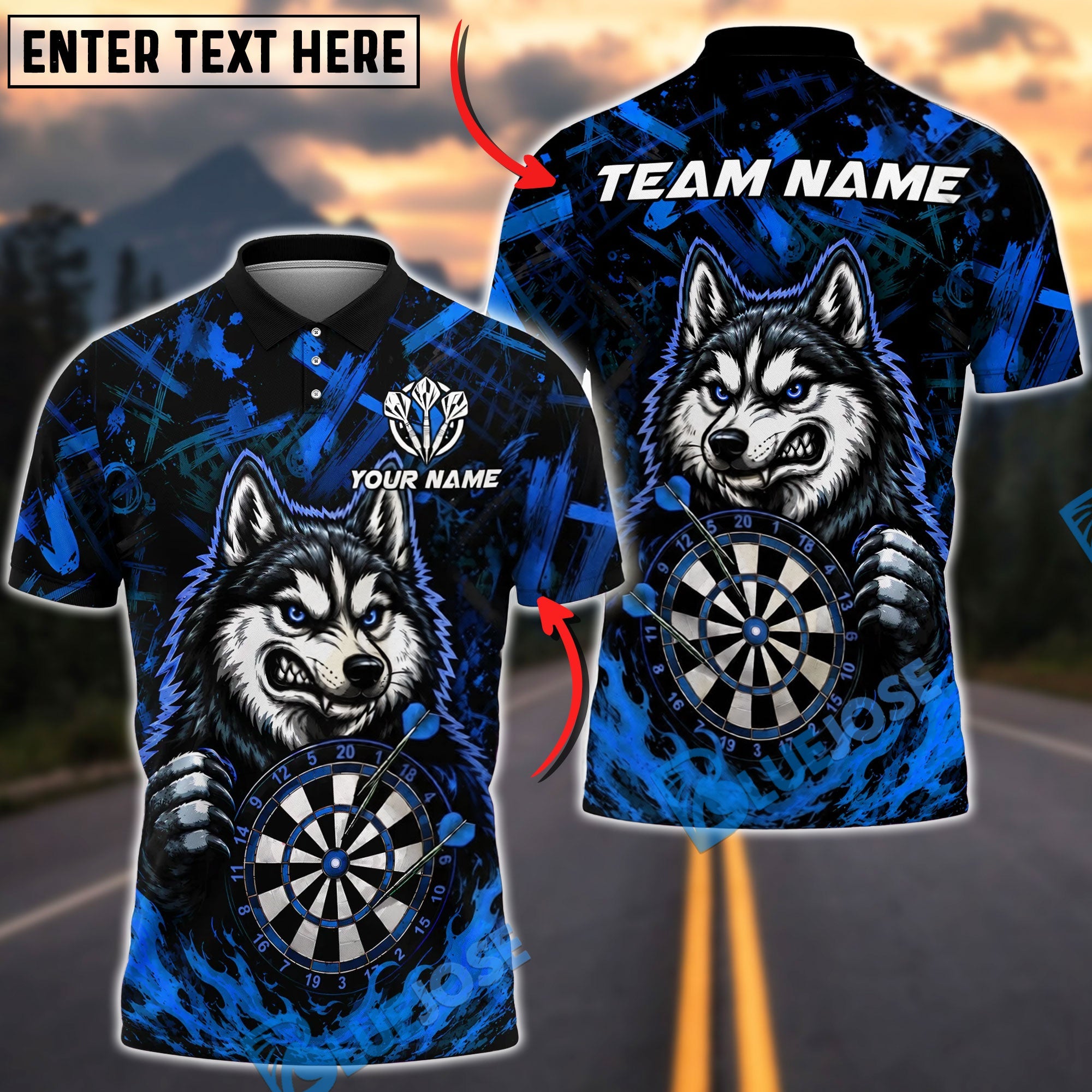 BlueJose Darts Angry Husky Bullseye Personalized Name, Team Name Unisex Shirt (4 Colors)