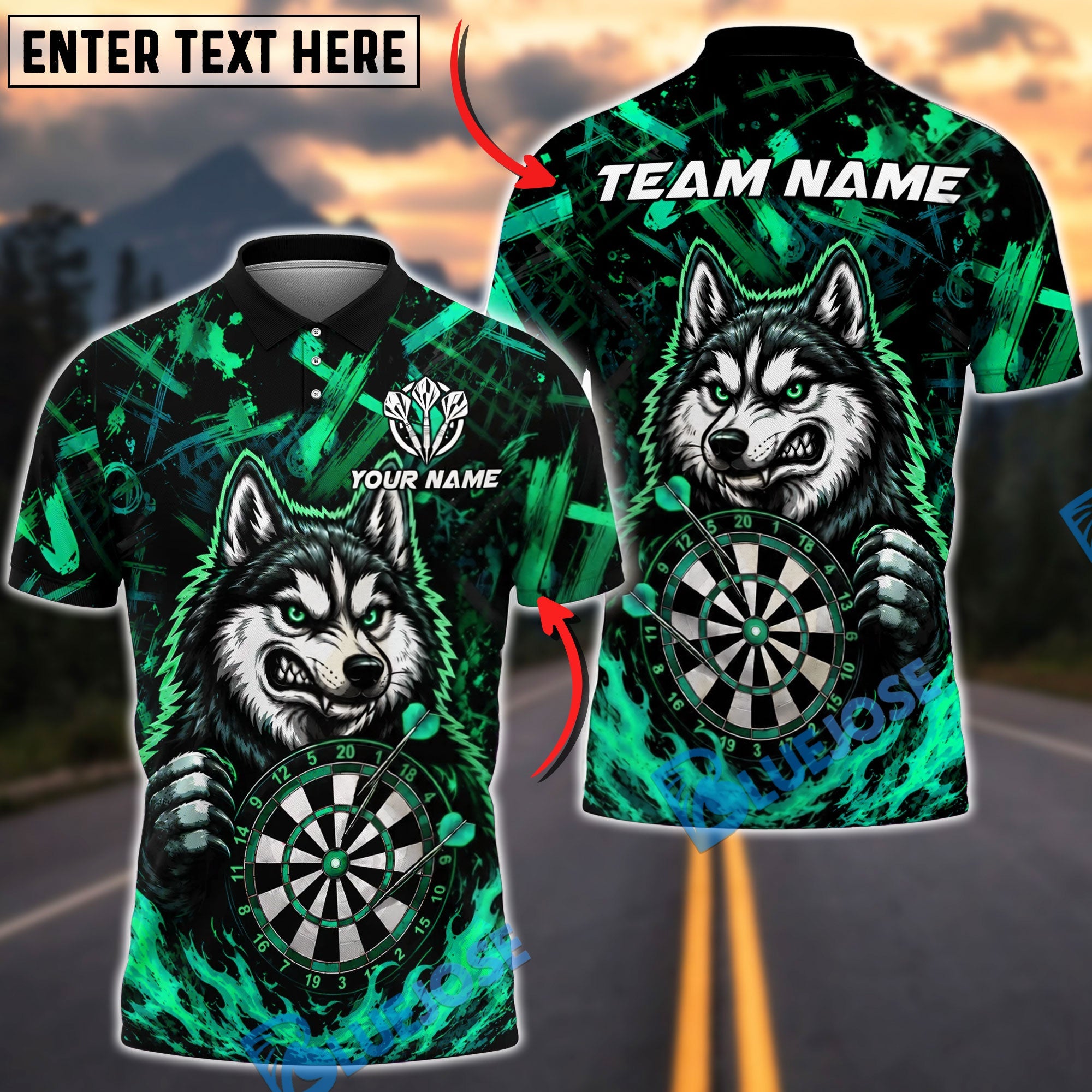 BlueJose Darts Angry Husky Bullseye Personalized Name, Team Name Unisex Shirt (4 Colors)