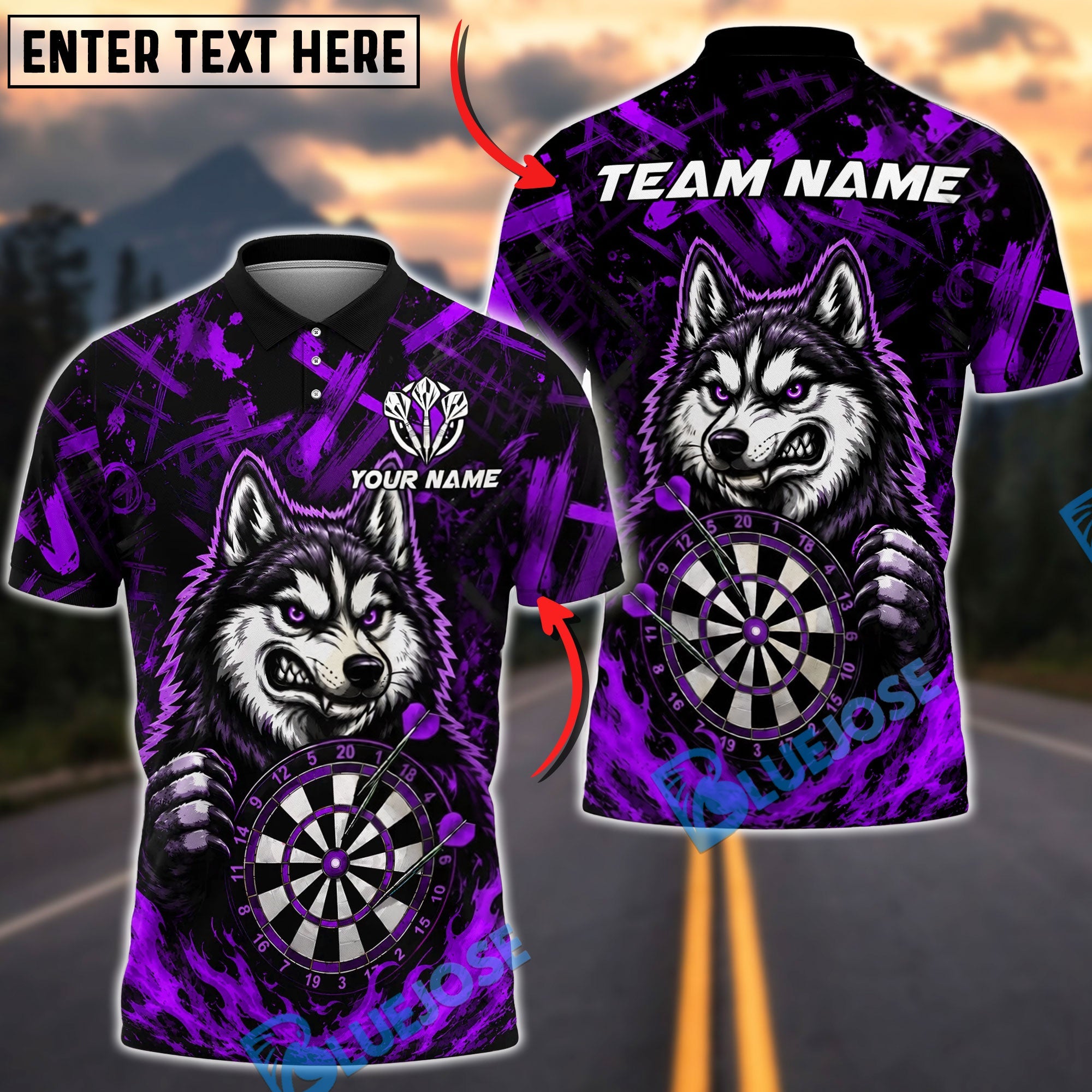 BlueJose Darts Angry Husky Bullseye Personalized Name, Team Name Unisex Shirt (4 Colors)