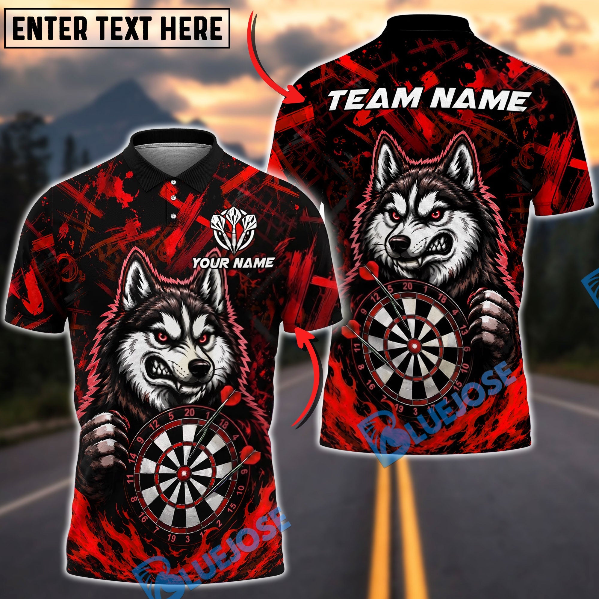 BlueJose Darts Angry Husky Bullseye Personalized Name, Team Name Unisex Shirt (4 Colors)