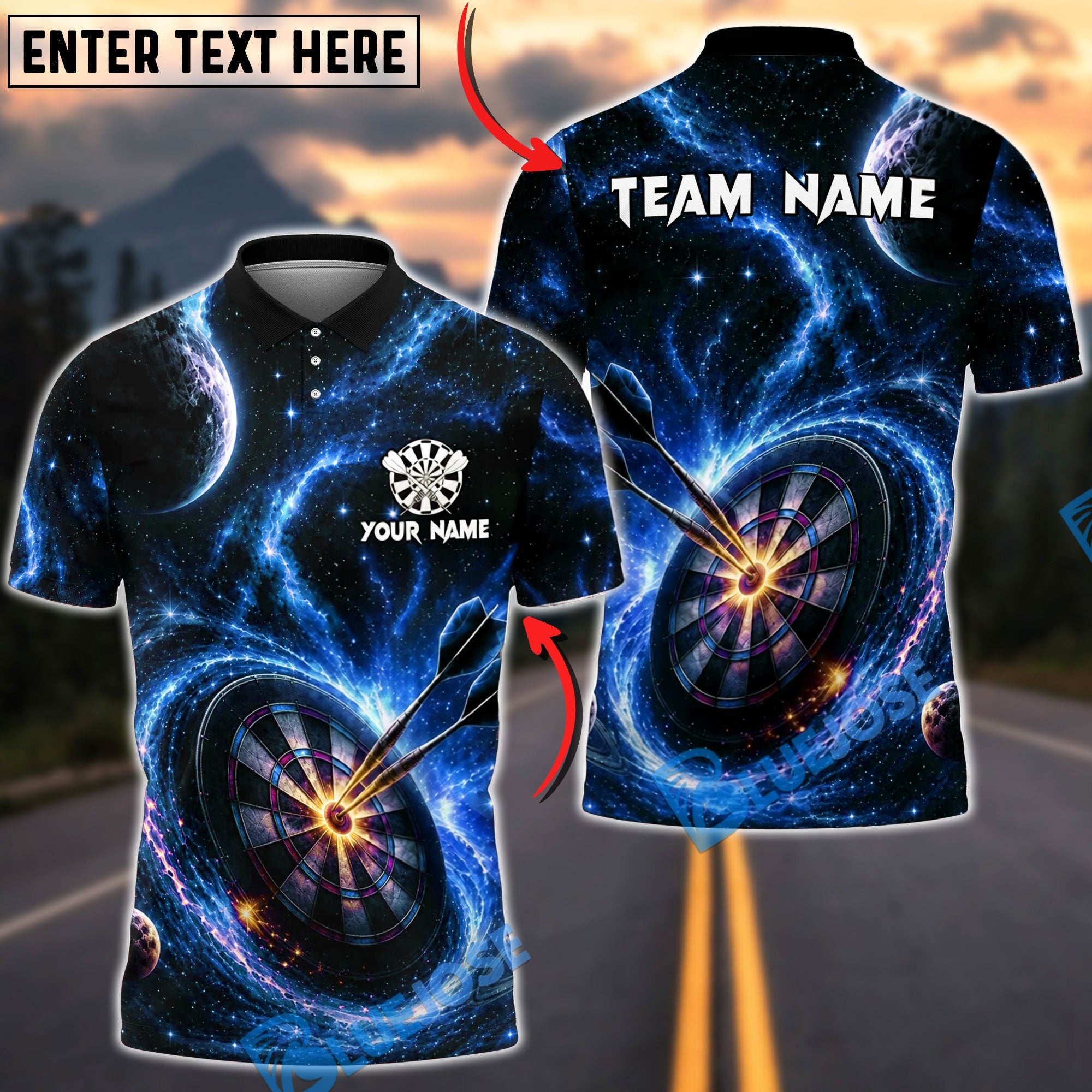 BlueJose Darts Galaxy Dartboard Bullseye Personalized Name, Team Name Unisex Shirt (4 Colors)