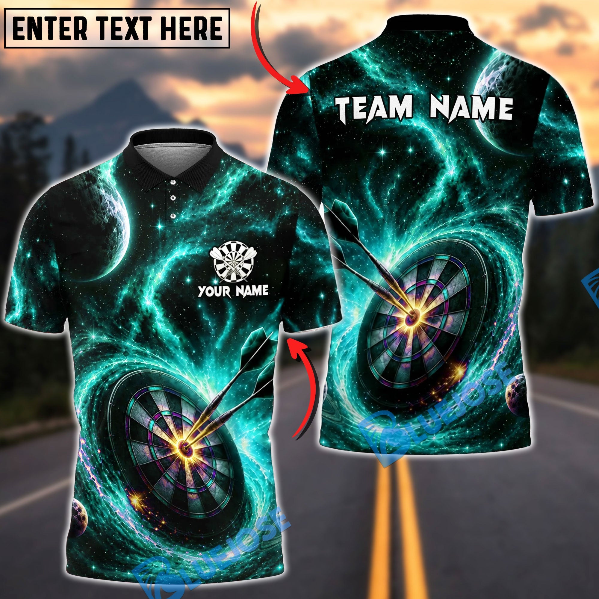 BlueJose Darts Galaxy Dartboard Bullseye Personalized Name, Team Name Unisex Shirt (4 Colors)