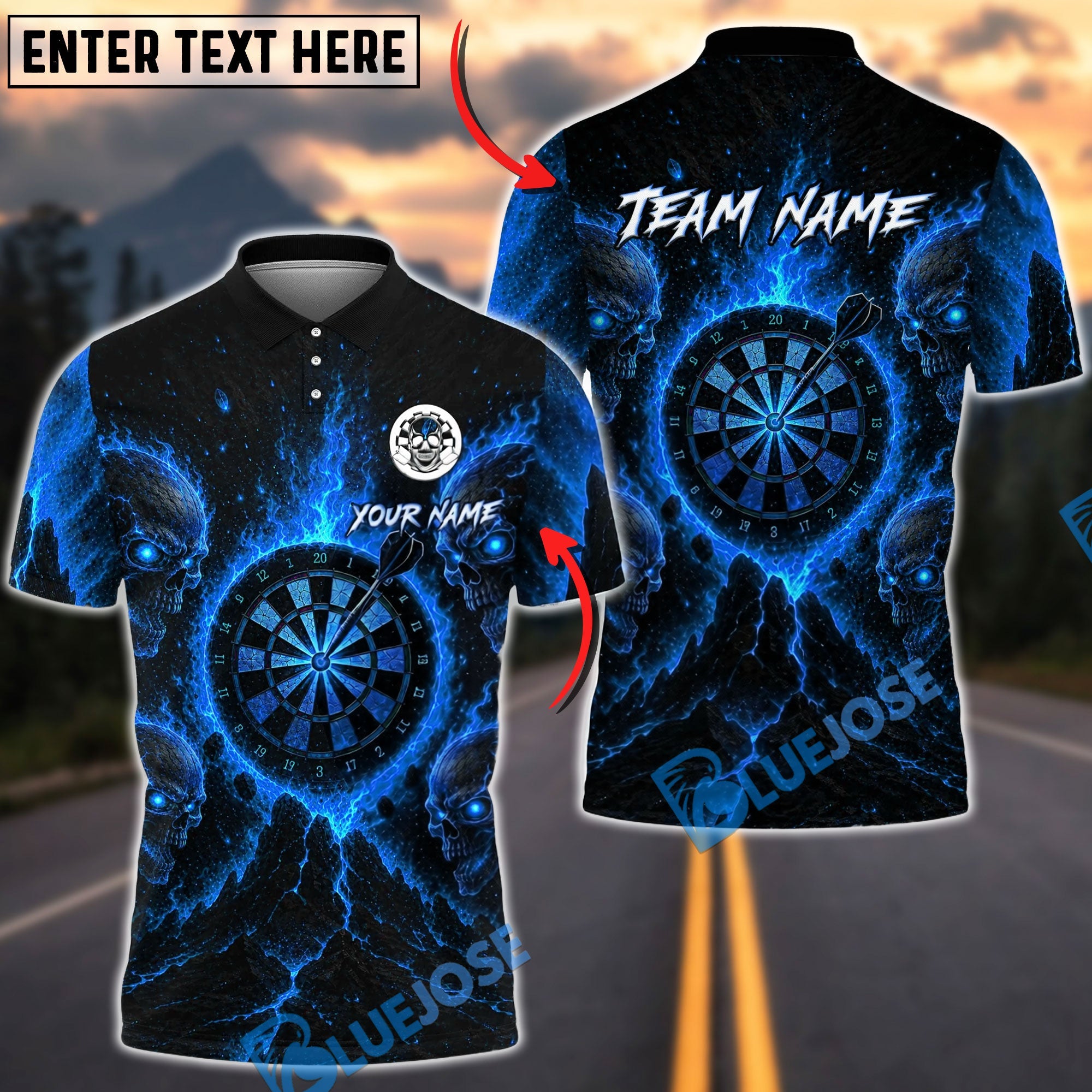 BlueJose Darts Four Fire Skull Dartboard Personalized Name, Team Name Unisex Shirt (4 Colors)