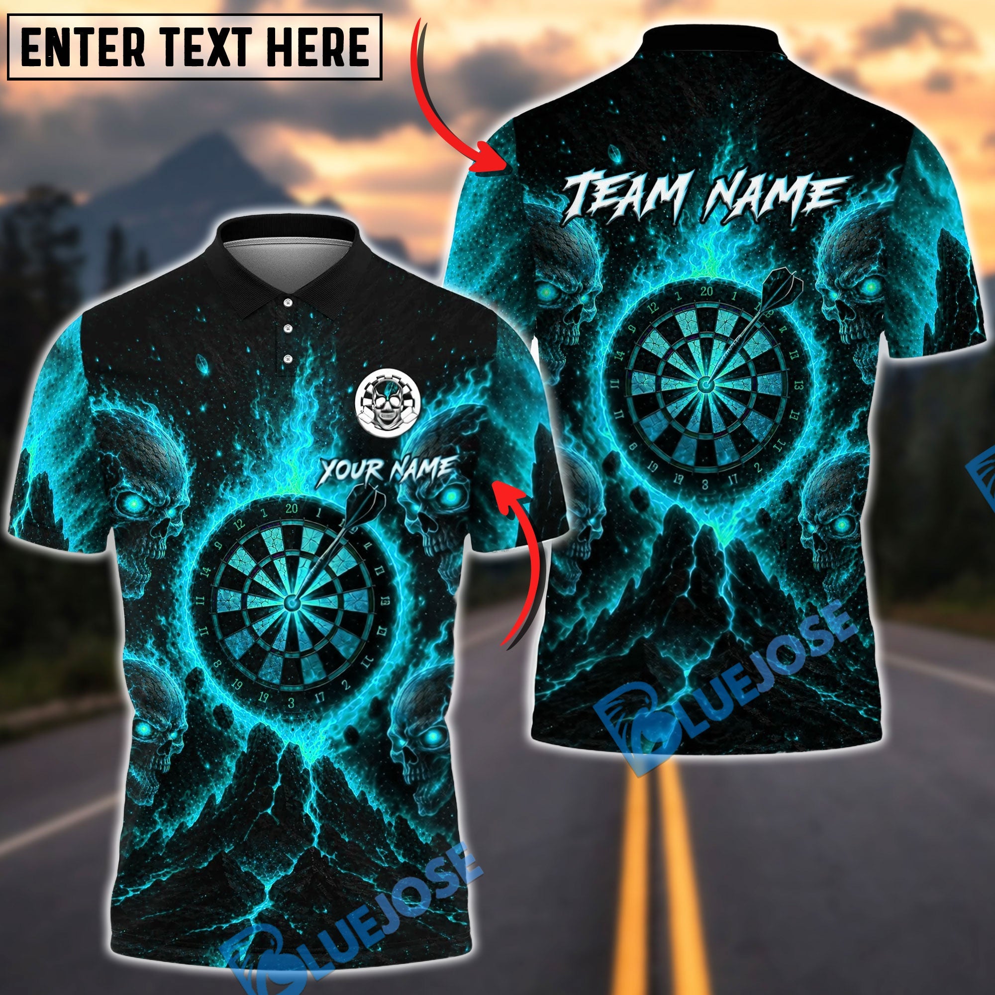 BlueJose Darts Four Fire Skull Dartboard Personalized Name, Team Name Unisex Shirt (4 Colors)