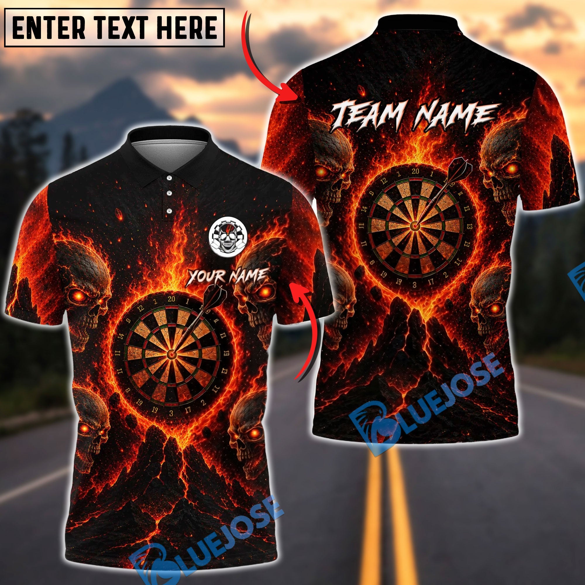 BlueJose Darts Four Fire Skull Dartboard Personalized Name, Team Name Unisex Shirt (4 Colors)