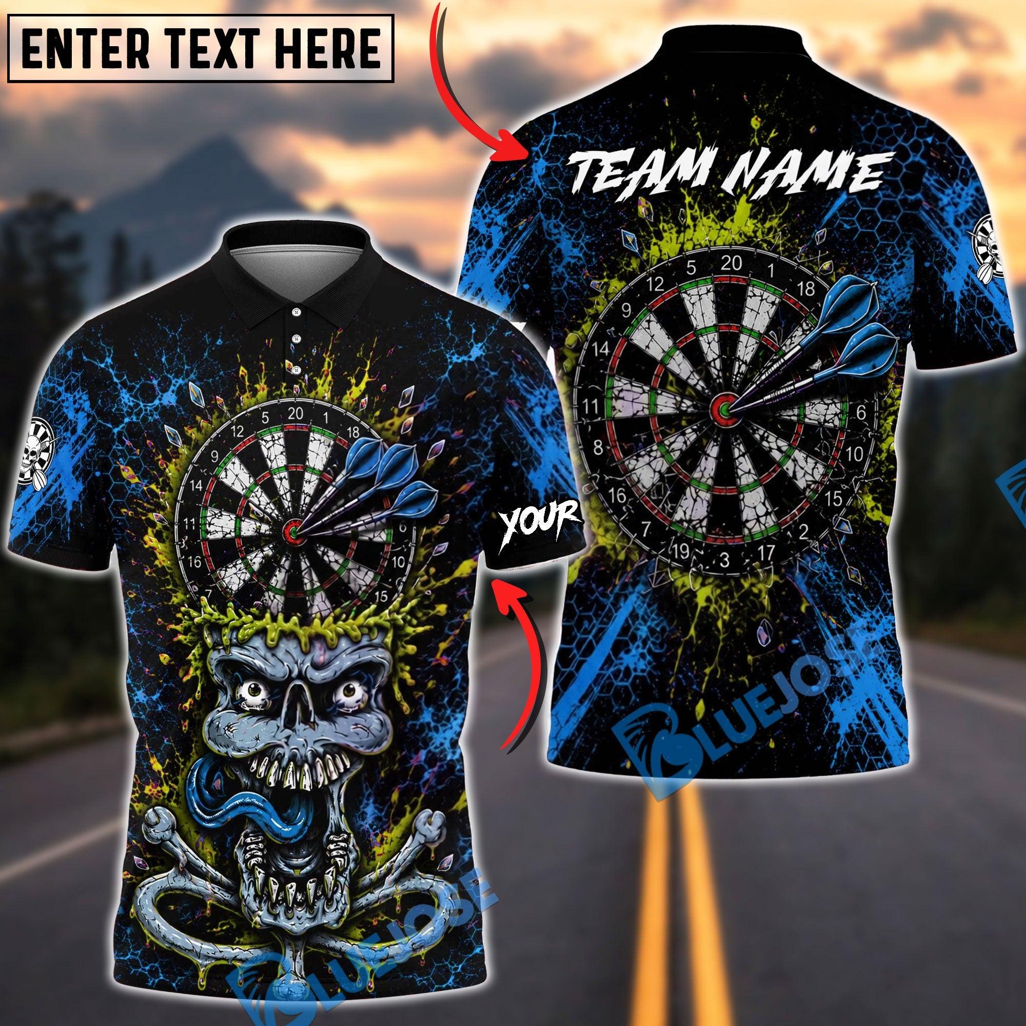BlueJose Darts Crazy Skull Dartboard Personalized Name, Team Name Unisex Shirt (4 Colors)