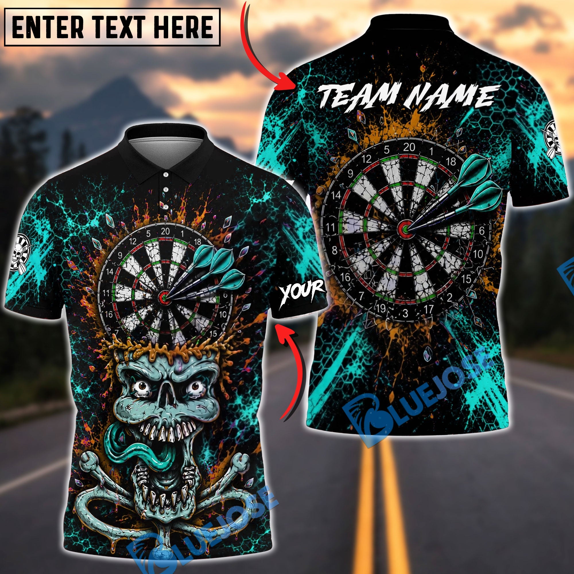 BlueJose Darts Crazy Skull Dartboard Personalized Name, Team Name Unisex Shirt (4 Colors)