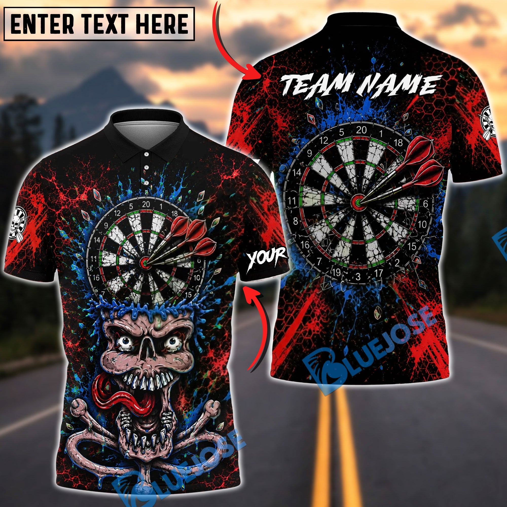 BlueJose Darts Crazy Skull Dartboard Personalized Name, Team Name Unisex Shirt (4 Colors)