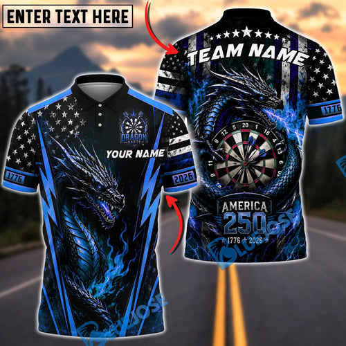BlueJose Darts 250 Patriotic Dragon Personalized Name, Team Name Unisex Shirt (4 Colors)