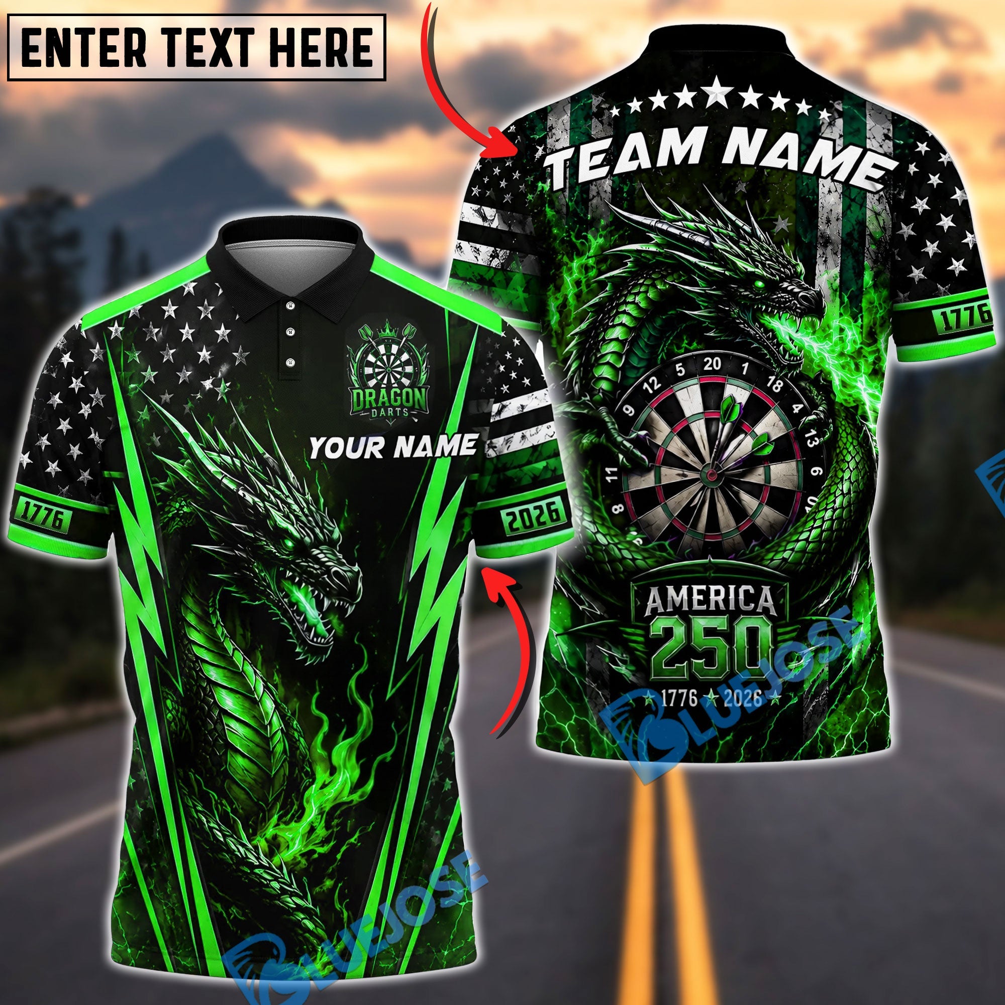 BlueJose Darts 250 Patriotic Dragon Personalized Name, Team Name Unisex Shirt (4 Colors)
