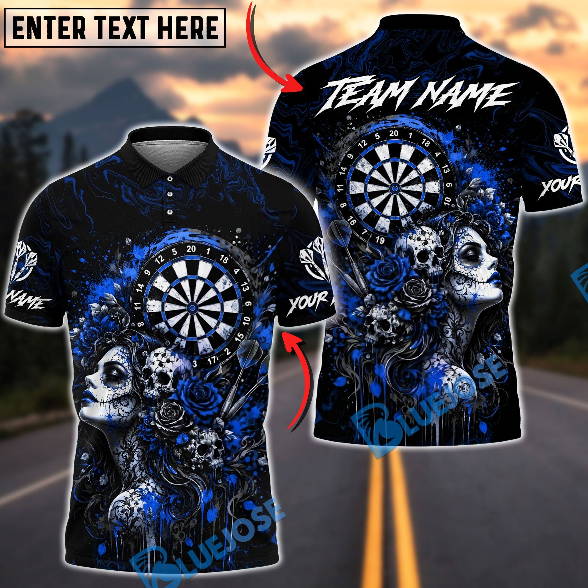 BlueJose Darts Gothic Beauty Skull Art Personalized Name, Team Name Unisex Shirt (4 Colors)