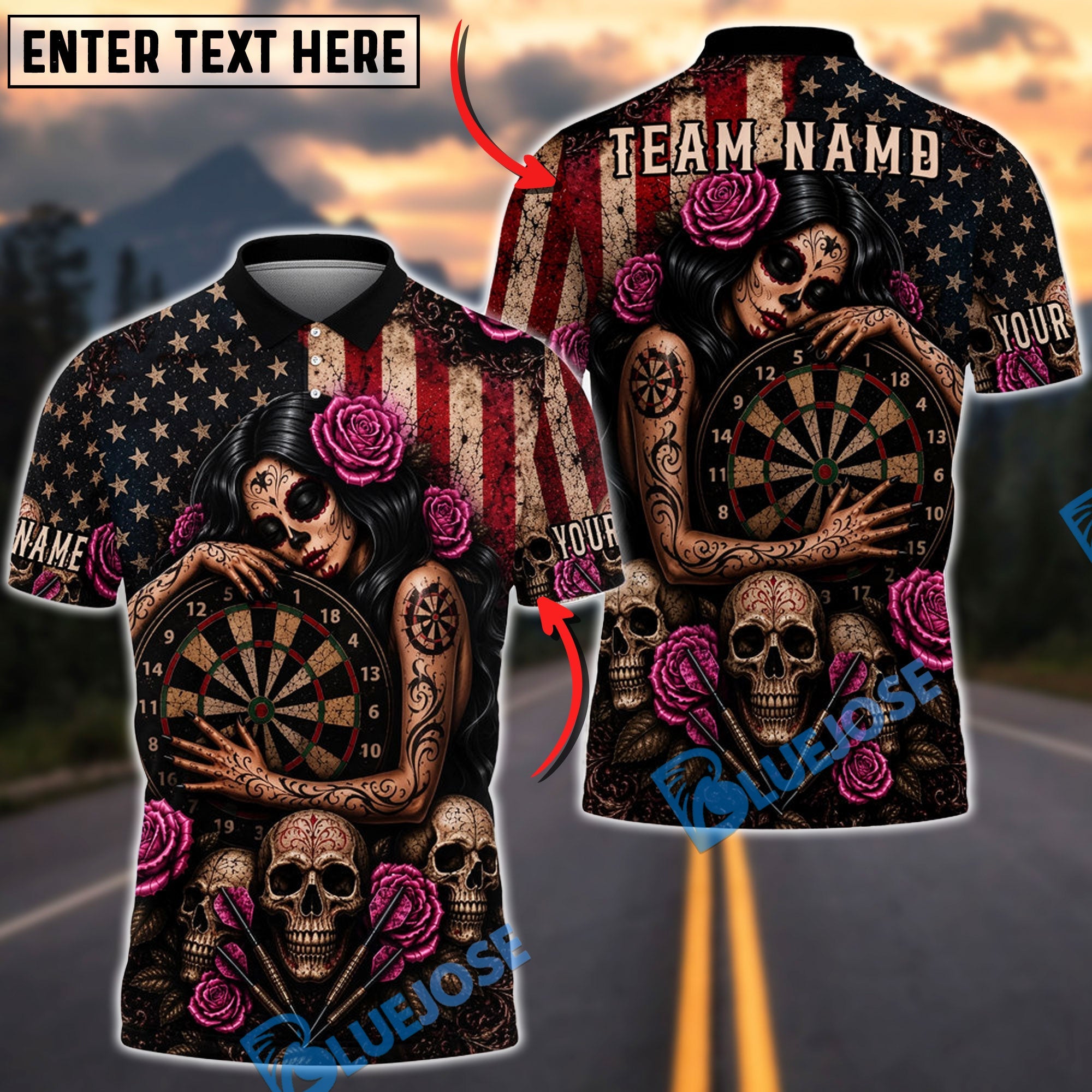BlueJose Darts Gothic Skull And Floral Motif Personalized Name, Team Name Unisex Shirt (4 Colors)