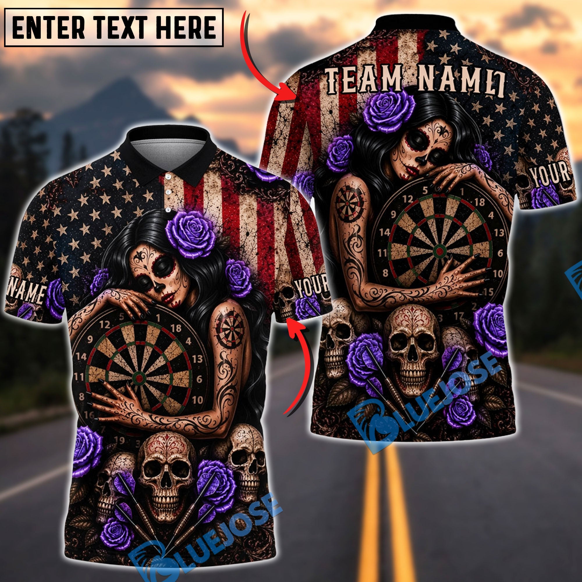 BlueJose Darts Gothic Skull And Floral Motif Personalized Name, Team Name Unisex Shirt (4 Colors)