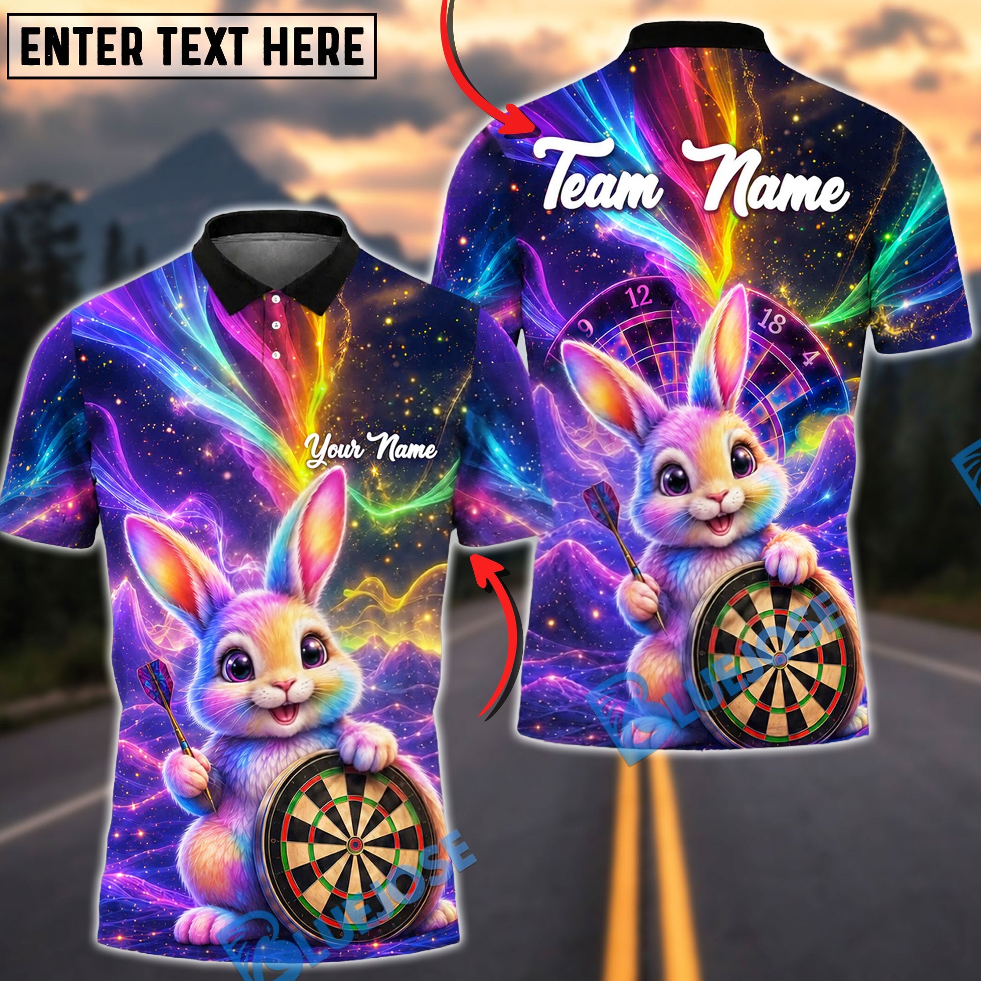 BlueJose Darts Rainbow Cosmic Bunny 2 Personalized Name Shirt