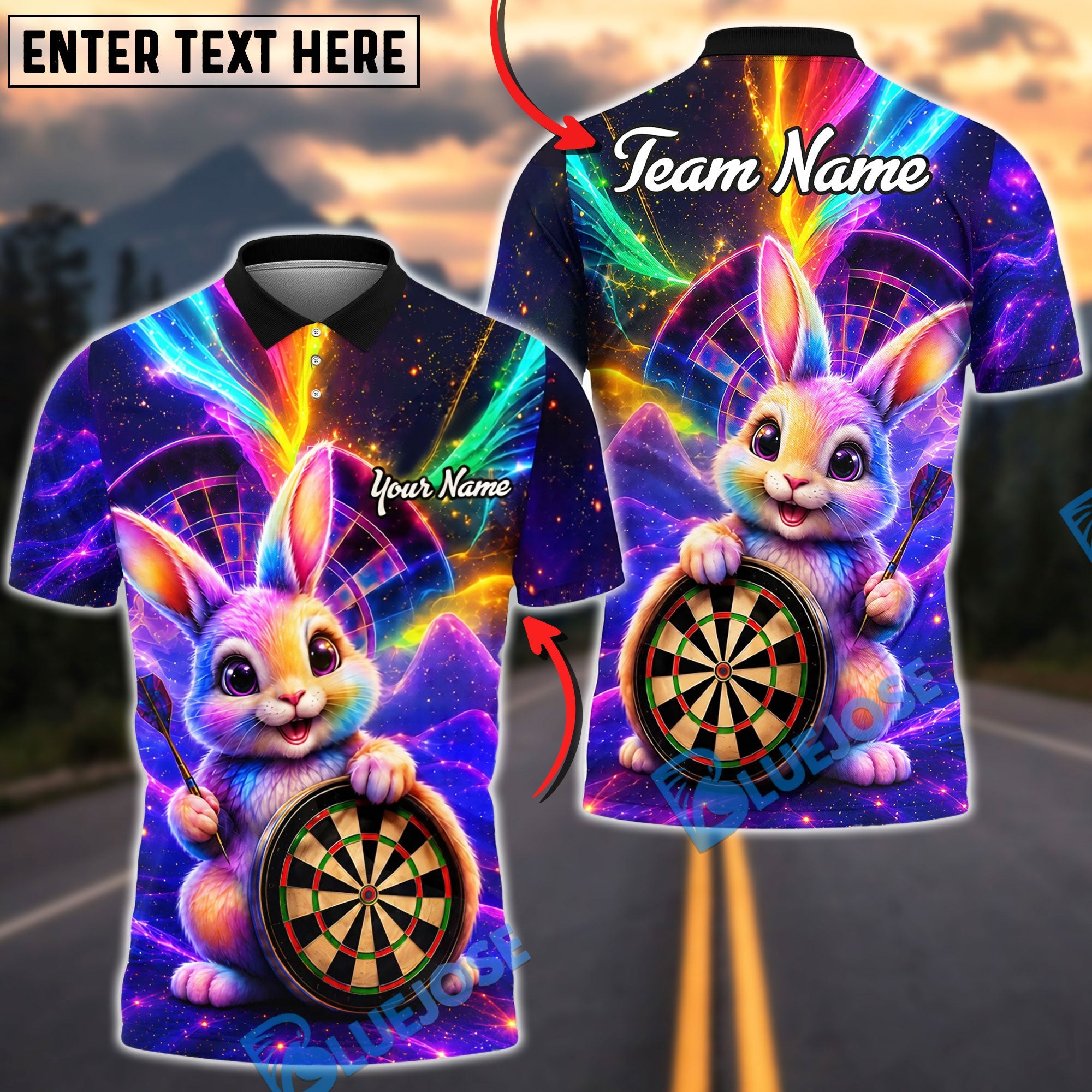 BlueJose Darts Rainbow Cosmic Bunny Dartboard Personalized Name Shirt