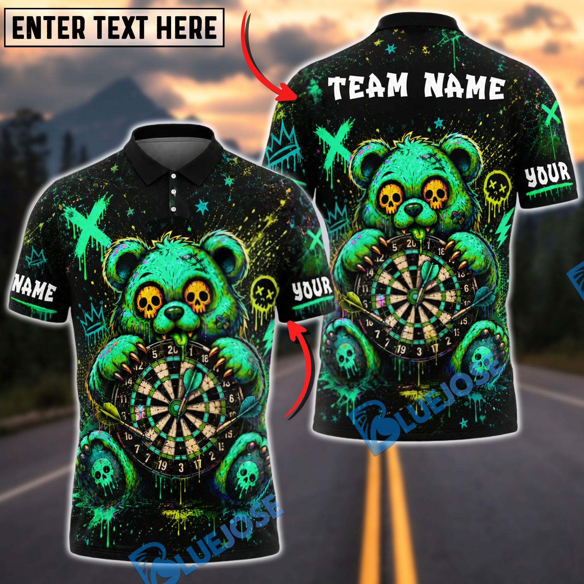 BlueJose Darts Graffiti Teddy Bear Skull Eyes Personalized Name, Team Name Unisex Shirt (4 Colors)