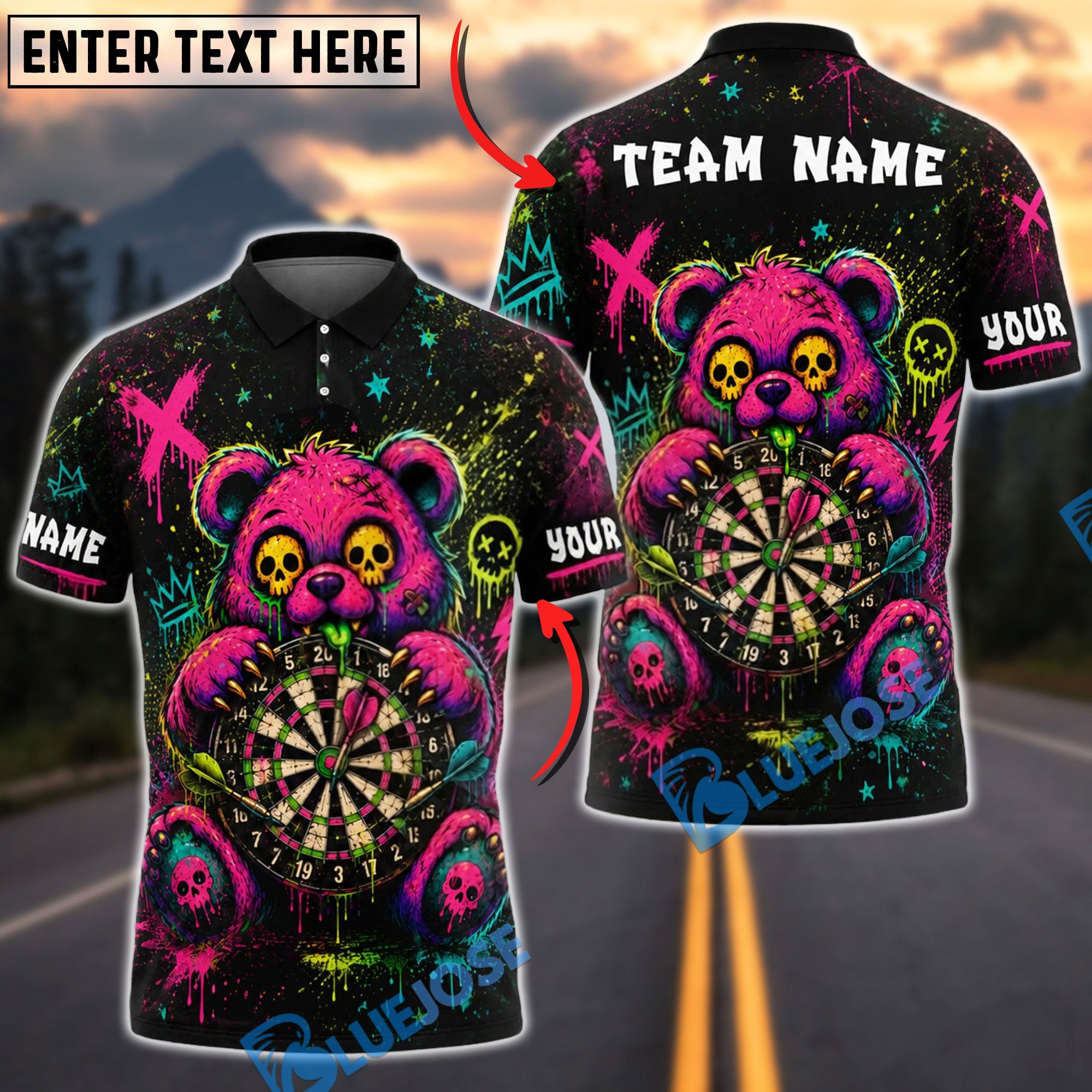 BlueJose Darts Graffiti Teddy Bear Skull Eyes Personalized Name, Team Name Unisex Shirt (4 Colors)