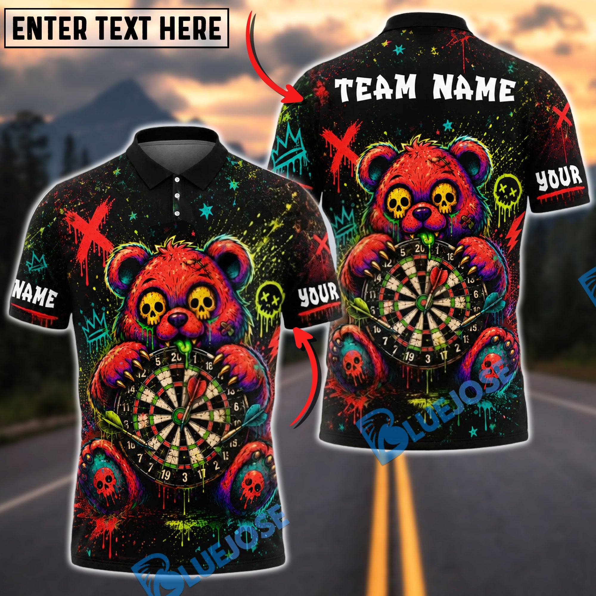 BlueJose Darts Graffiti Teddy Bear Skull Eyes Personalized Name, Team Name Unisex Shirt (4 Colors)