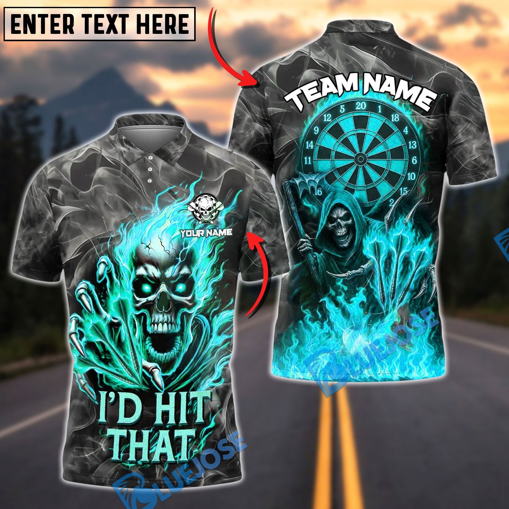 BlueJose Darts Flame Skull "I'd Hit That" Personalized Name, Team Name Unisex Shirt (4 Colors)