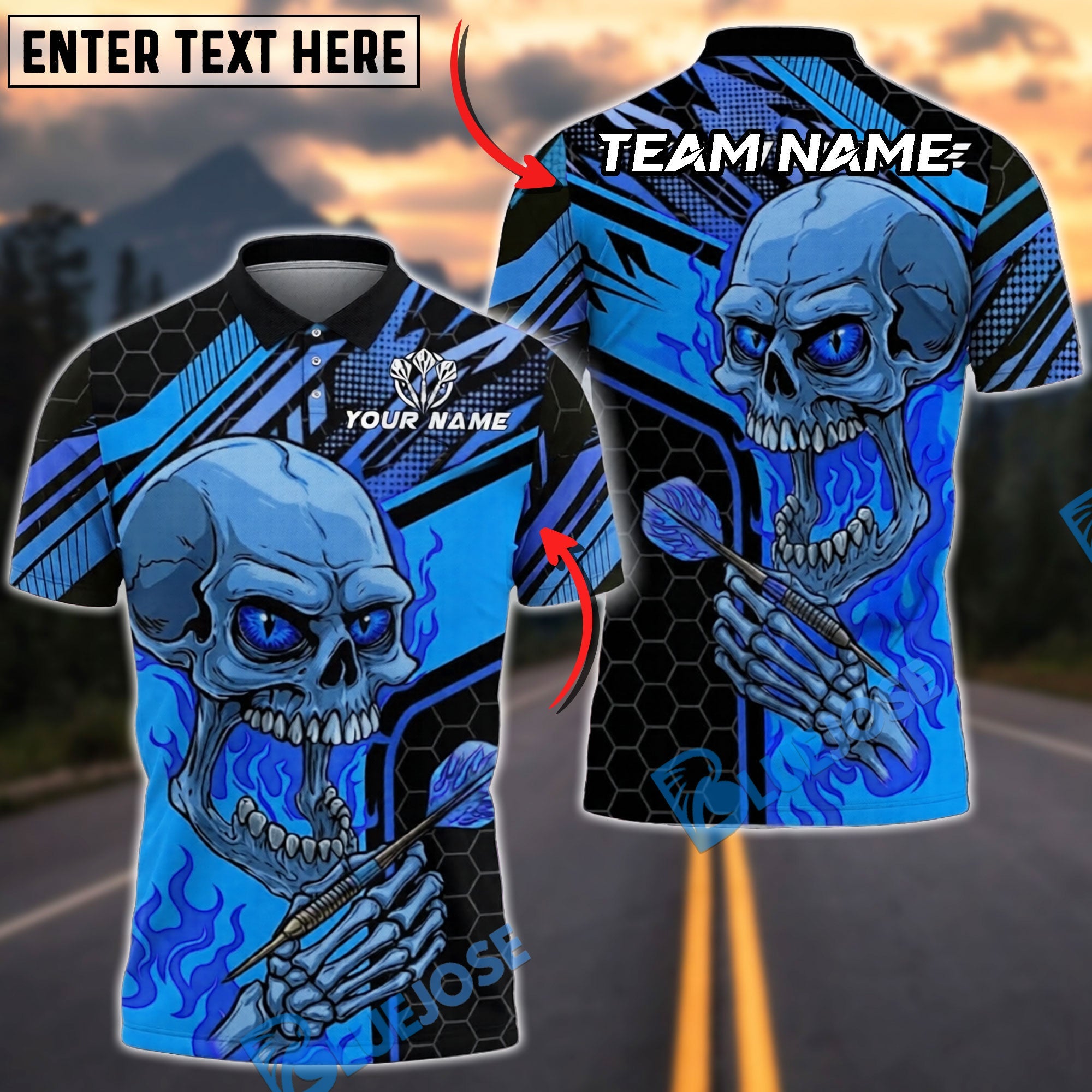 BlueJose Darts Skull Fire Eyes Personalized Name, Team Name Unisex Shirt (4 Colors)