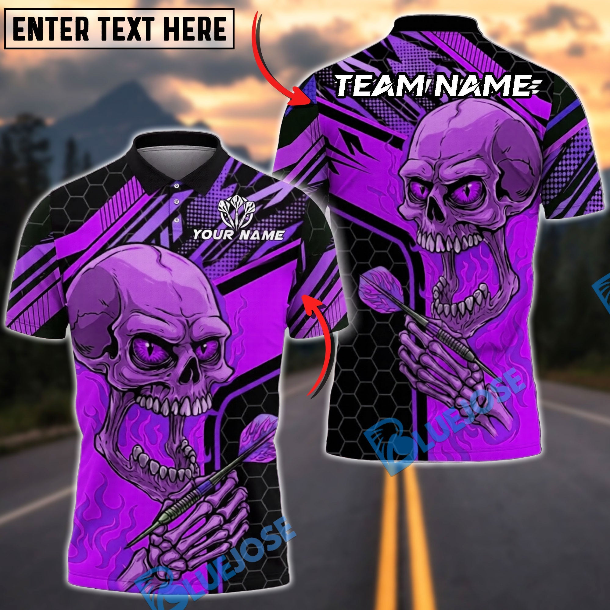 BlueJose Darts Skull Fire Eyes Personalized Name, Team Name Unisex Shirt (4 Colors)