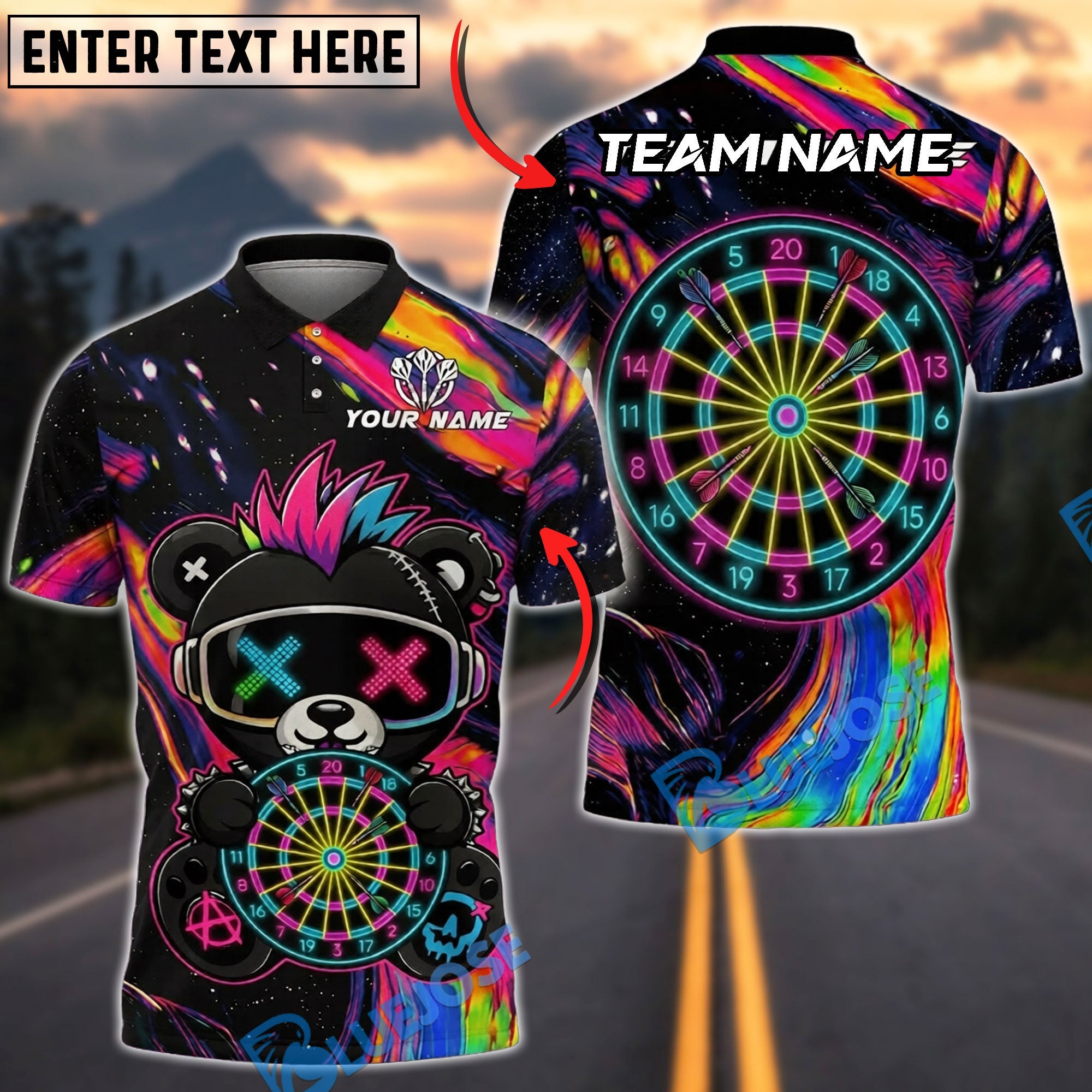 BlueJose Darts Neon Punk Bear Personalized Name Shirt