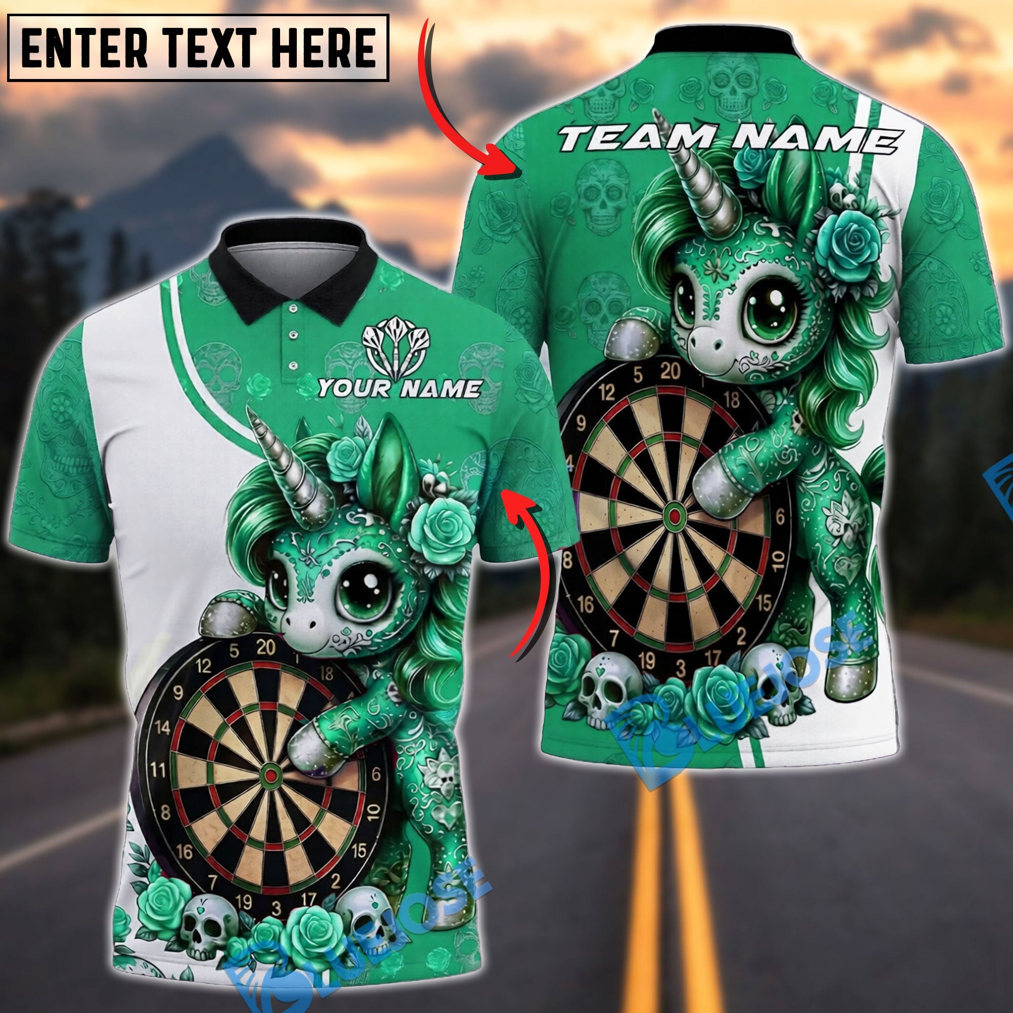 BlueJose Darts Unicorn Sugar Skull Roses Personalized Name, Team Name Unisex Shirt (4 Colors)