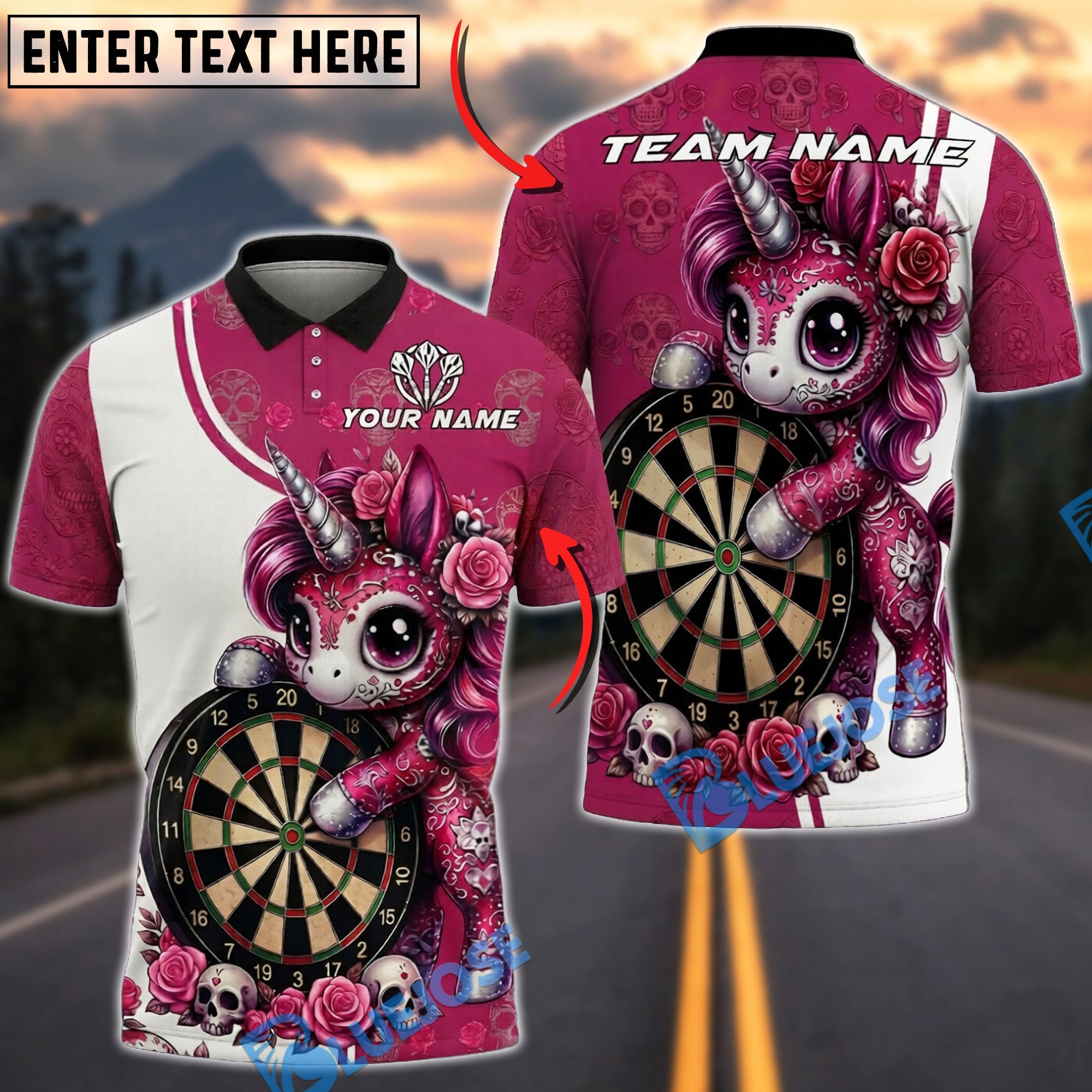 BlueJose Darts Unicorn Sugar Skull Roses Personalized Name, Team Name Unisex Shirt (4 Colors)