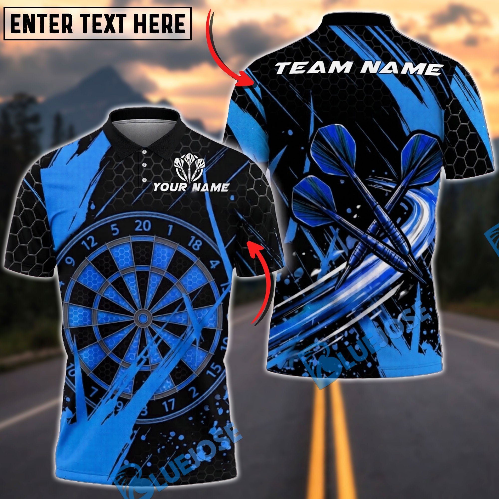 BlueJose Darts Dartboard Splash Hexagon Pattern Personalized Name, Team Name Unisex Shirt (4 Colors)