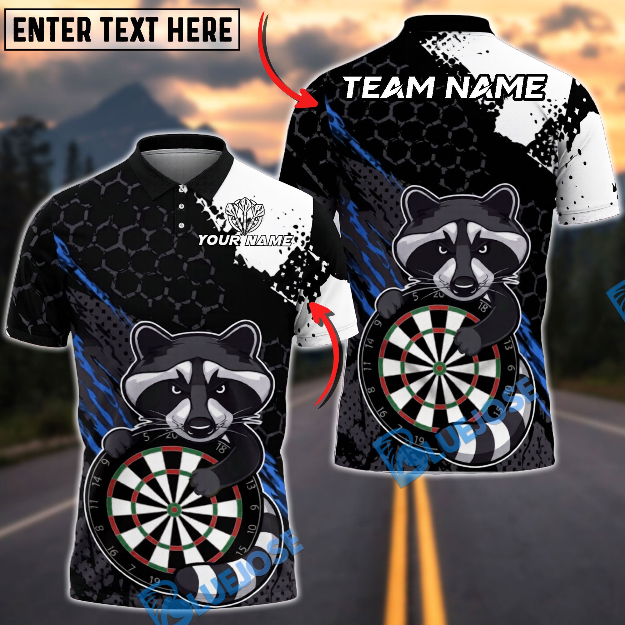 BlueJose Darts Raccoon Hexagon Grunge Personalized Name, Team Name Unisex Shirt (4 Colors)