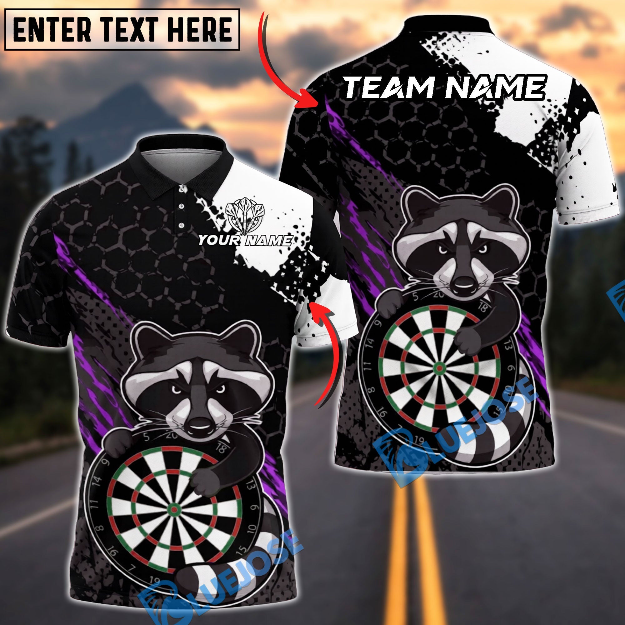 BlueJose Darts Raccoon Hexagon Grunge Personalized Name, Team Name Unisex Shirt (4 Colors)