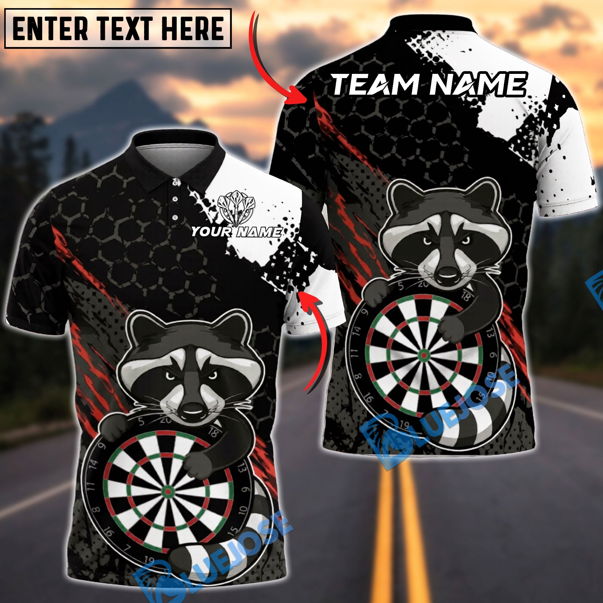 BlueJose Darts Raccoon Hexagon Grunge Personalized Name, Team Name Unisex Shirt (4 Colors)