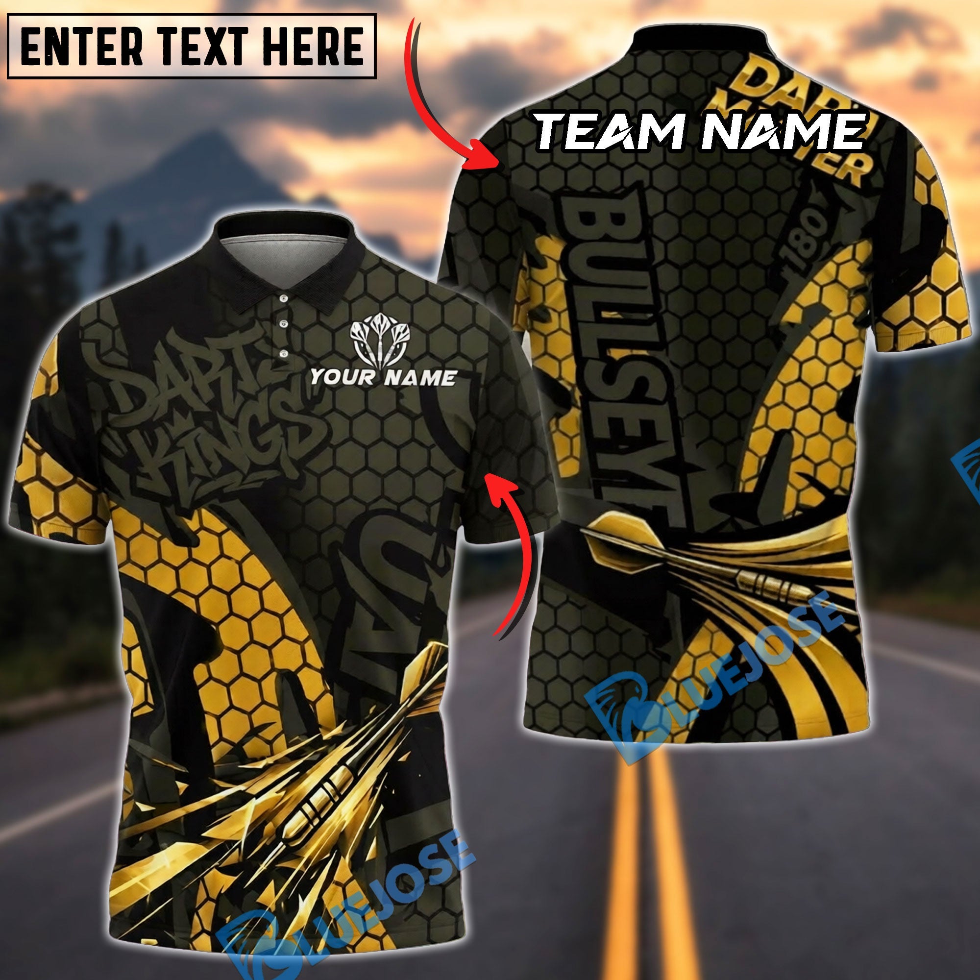 BlueJose Darts Player Gold Honeycomb Personalized Name, Team Name Unisex Shirt (6 Colors)