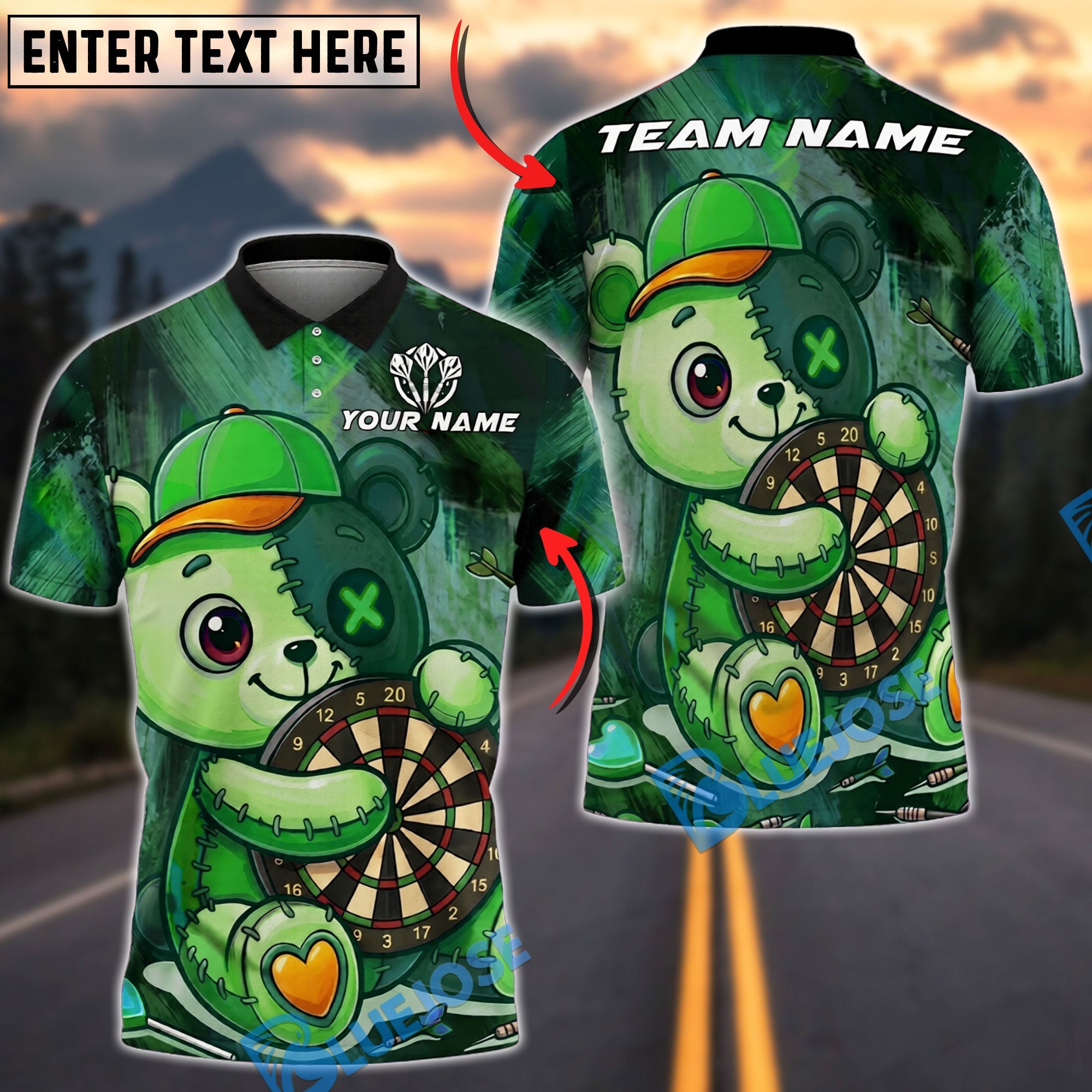 BlueJose Darts Teddy Bear Patchwork Style Personalized Name, Team Name Unisex Shirt (4 Colors)