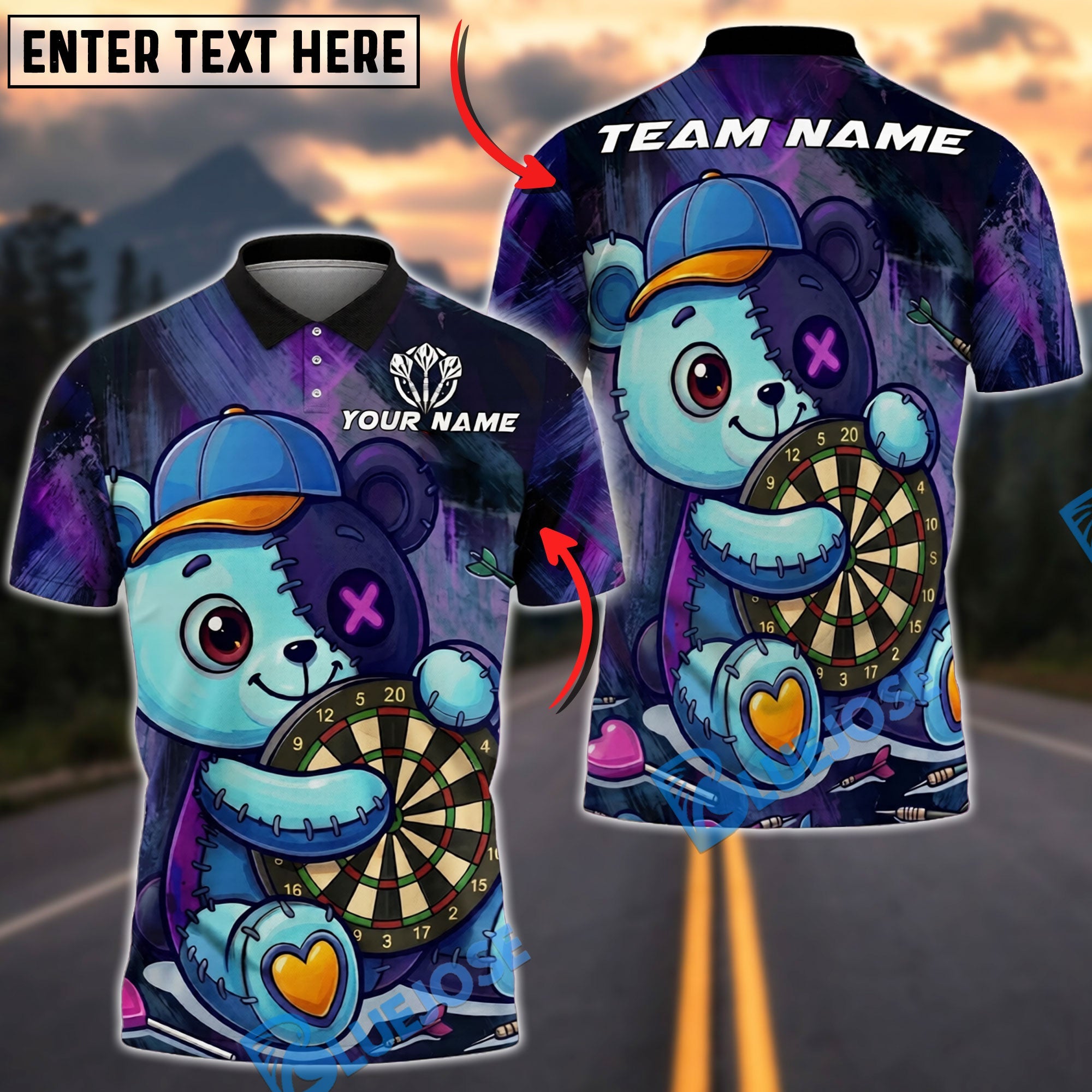 BlueJose Darts Teddy Bear Patchwork Style Personalized Name, Team Name Unisex Shirt (4 Colors)
