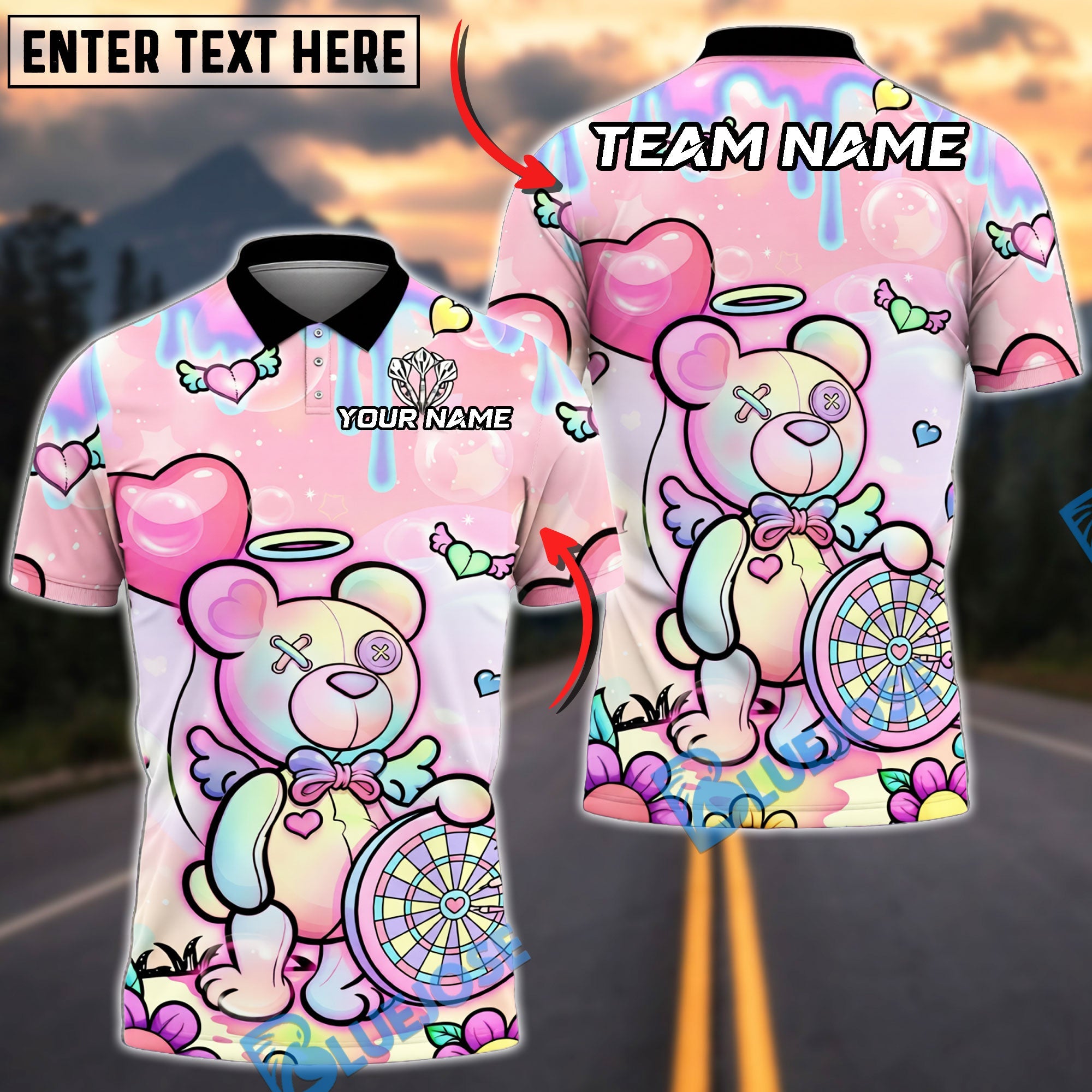 BlueJose Darts Angel Bear Pastel Fantasy Personalized Name Shirt