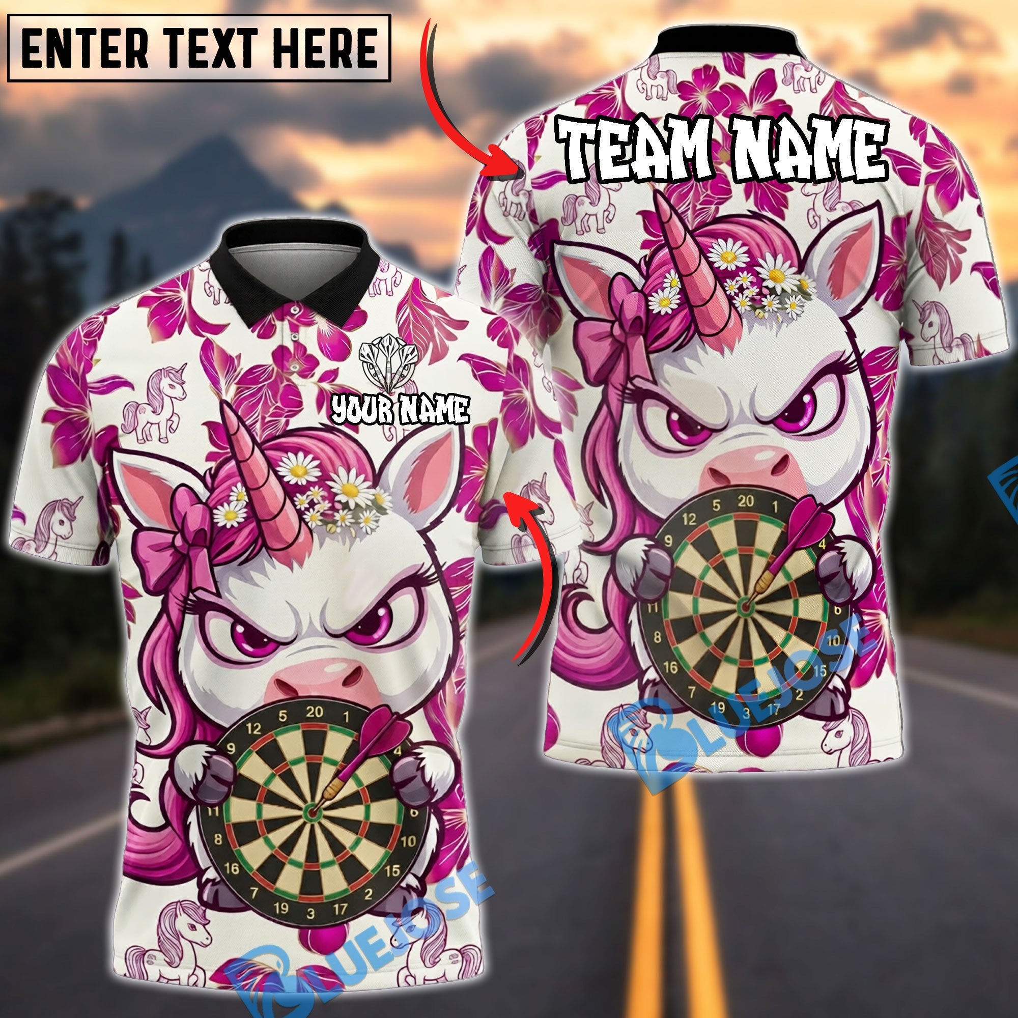 BlueJose Darts Unicorn Floral Pattern Personalized Name Shirt