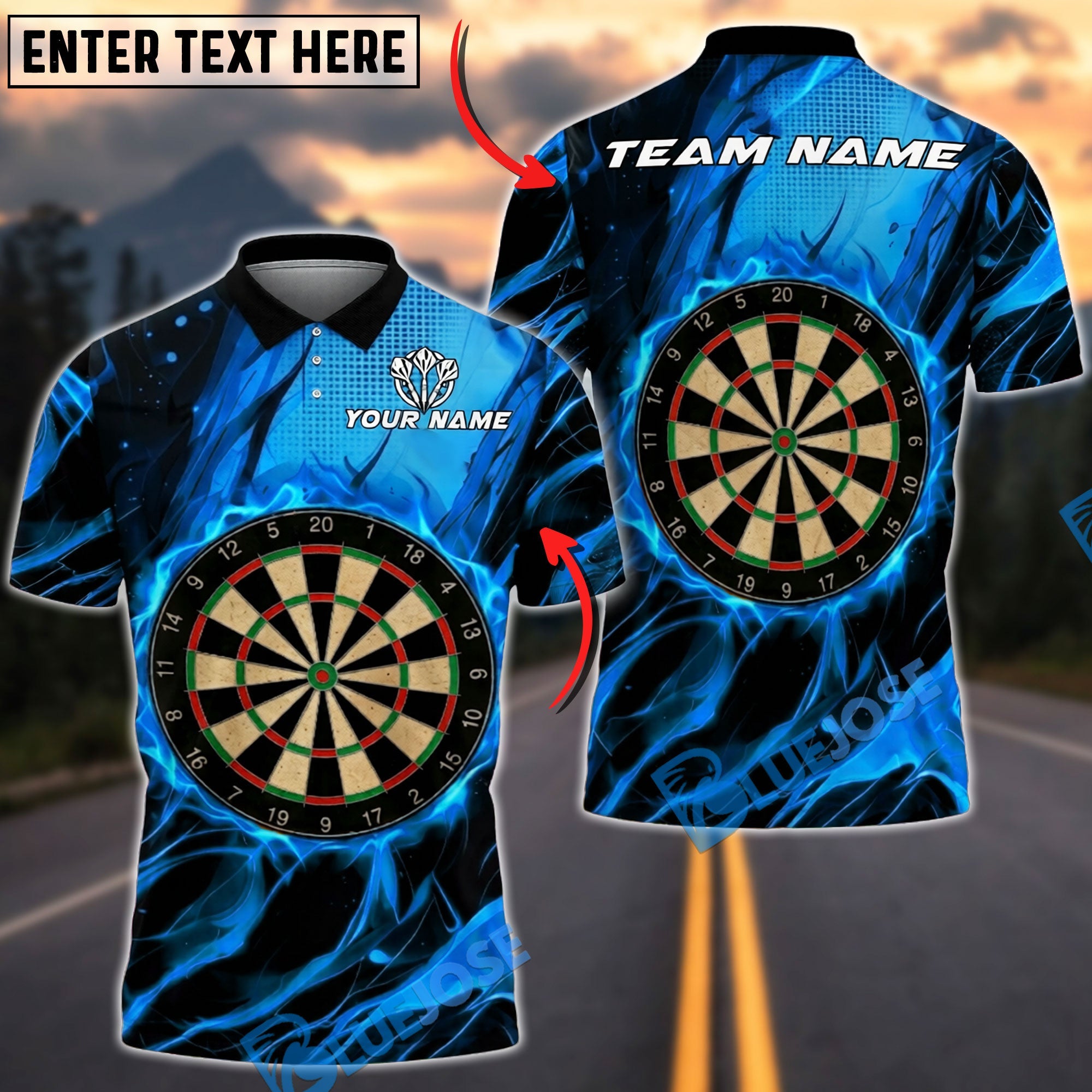 BlueJose Darts Glowing Flaming Dartboard Design Personalized Name, Team Name Unisex Shirt (4 Colors)