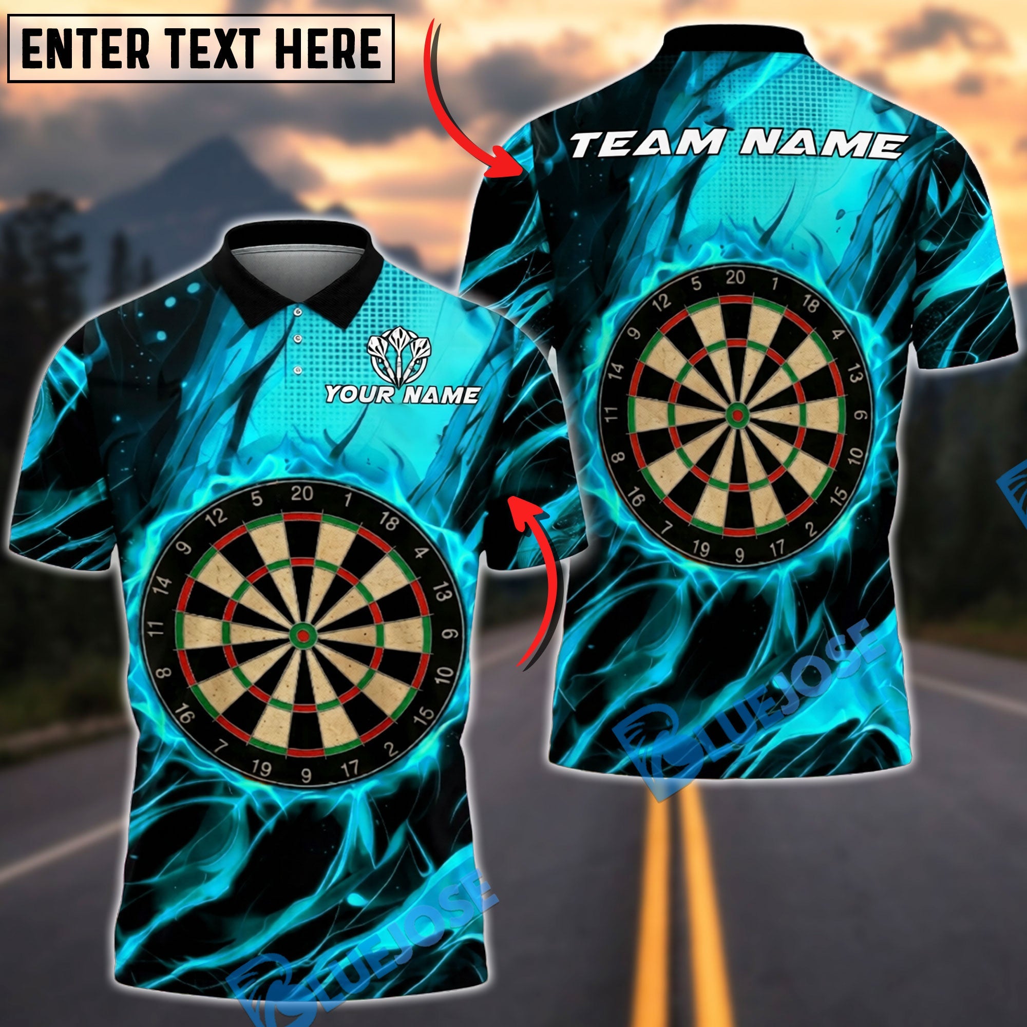 BlueJose Darts Glowing Flaming Dartboard Design Personalized Name, Team Name Unisex Shirt (4 Colors)