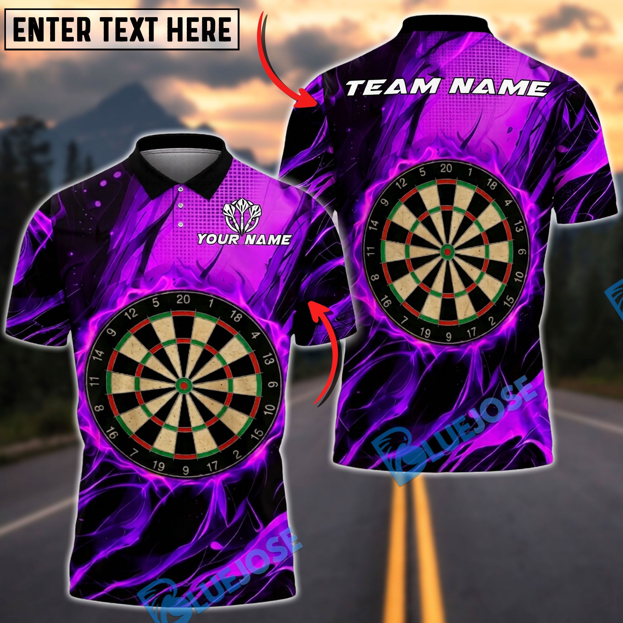 BlueJose Darts Glowing Flaming Dartboard Design Personalized Name, Team Name Unisex Shirt (4 Colors)